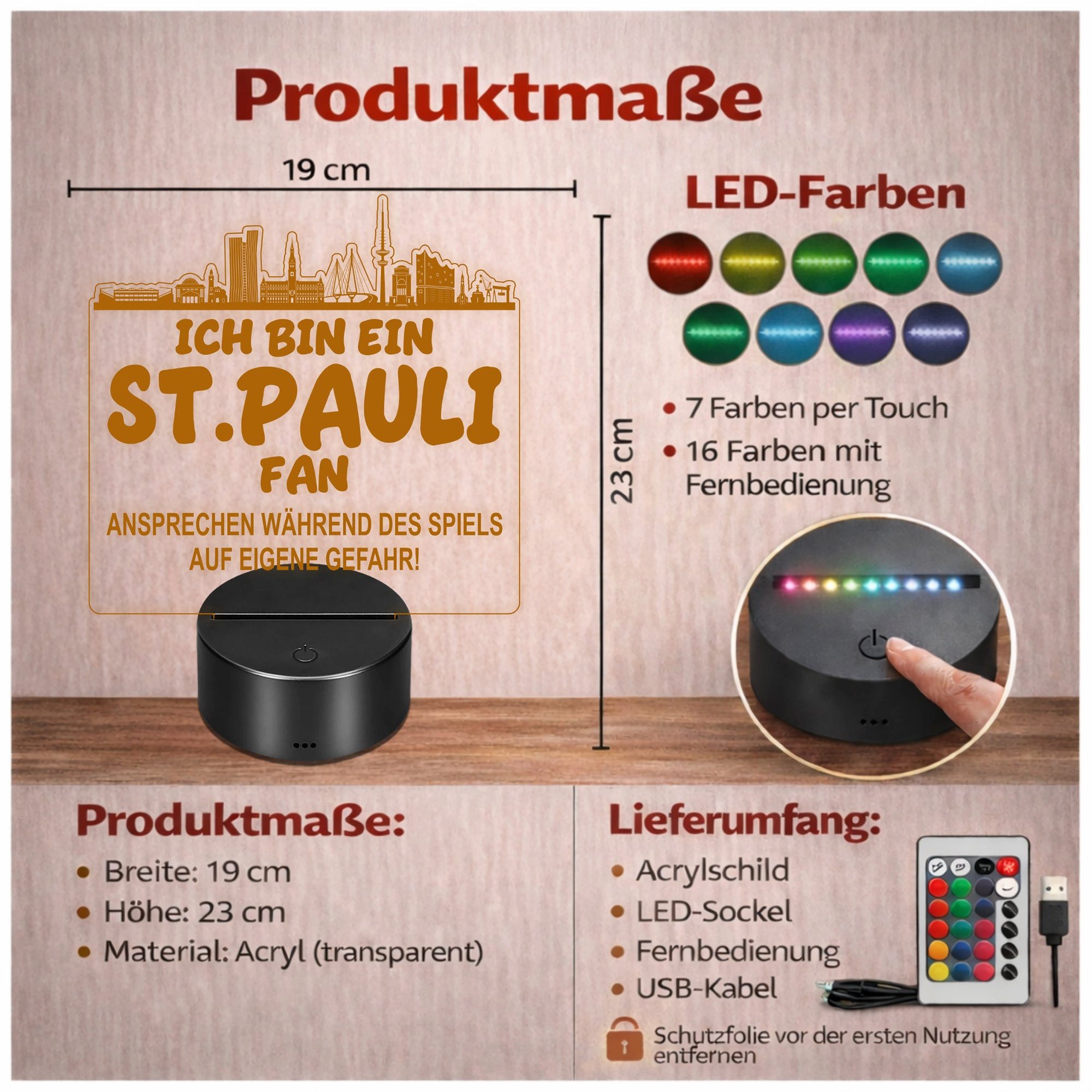 Lieblingsmensch LED Nachtlicht Fußball - Ich bin ein St. Pauli Fan - Ansprechen auf eigene Gefahr, LED fest integriert, Farbwechsel oder feste Farbe mit Fernbedienung & Touch, Man Cave Stimmungslicht – 19x23cm