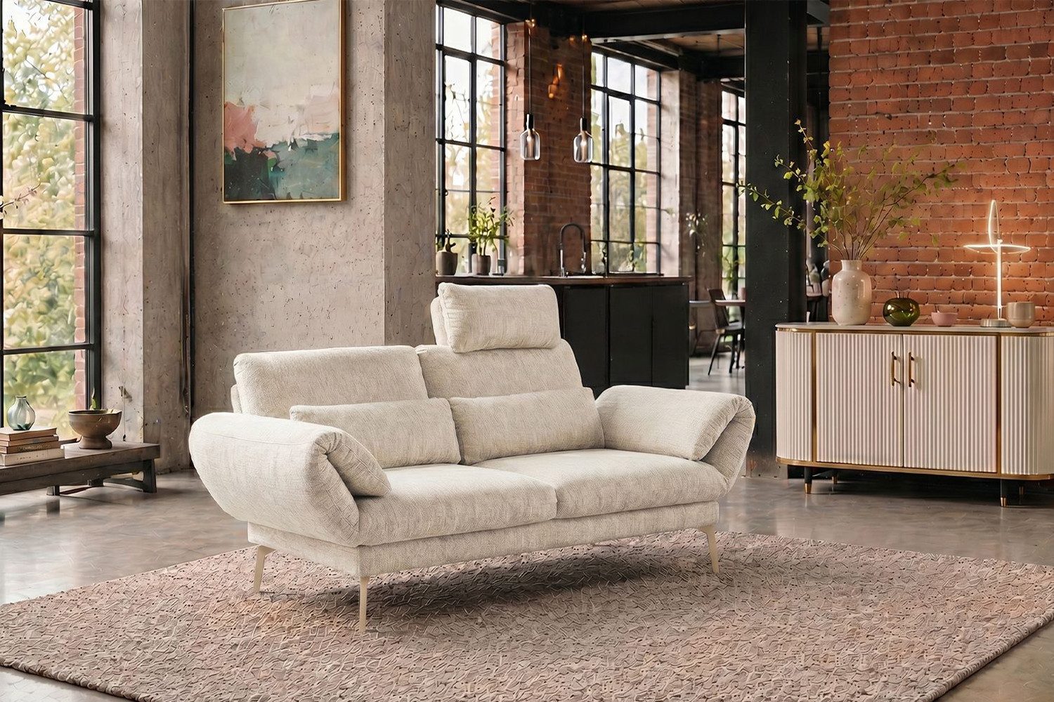 KAWOLA Sofa HOLLY Stoff – Modernes Funktionssofa mit Relaxfunktion, Drehbare Sitze, verstellbare Rückenlehnen, klappbare Armlehnen