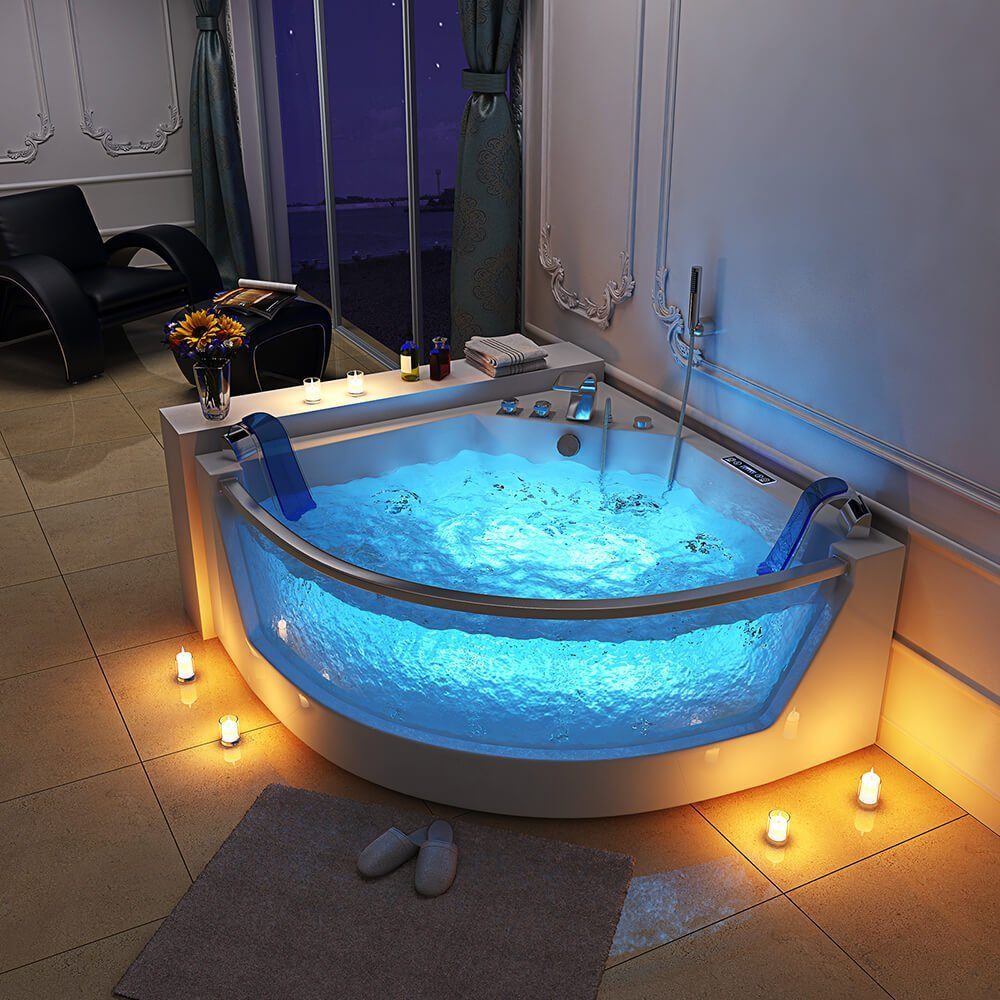 HOME DELUXE Whirlpool-Badewanne ATLANTIC - L 140 x 140 x 64 cm, Sanitäracryl, Radio, Licht, Eckbadewanne für 2 Personen