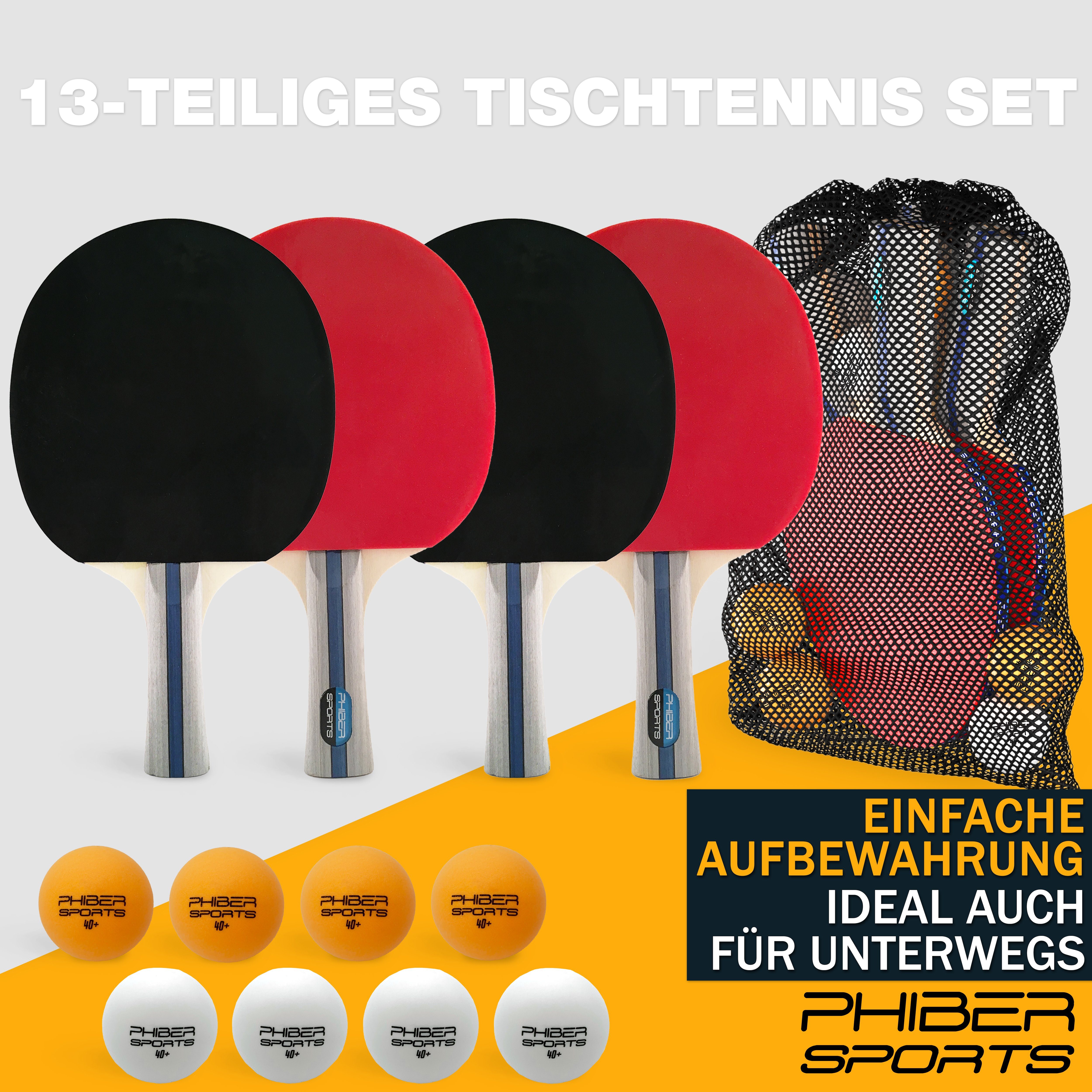 PHIBER-SPORTS Tischtennisschläger 4 Schläger + 8 Tischtennisbälle + Tasche - Anfänger, Familien, Profis (Set, 13-tlg), Tischtennis