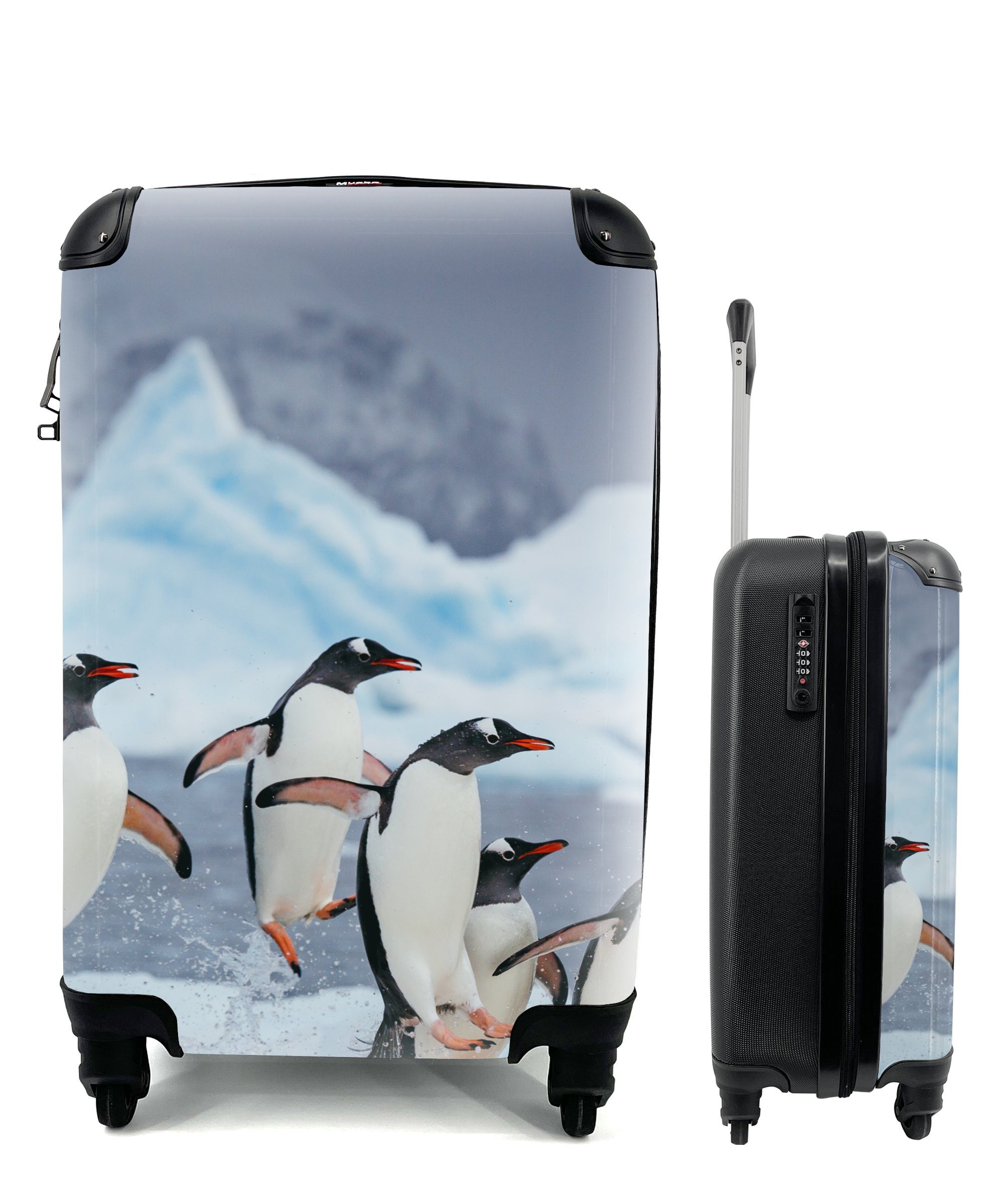 MuchoWow Handgepäckkoffer Pinguine springen aus dem Wasser, 4 Rollen, Reisetasche mit rollen, Handgepäck für Ferien, Trolley, Reisekoffer
