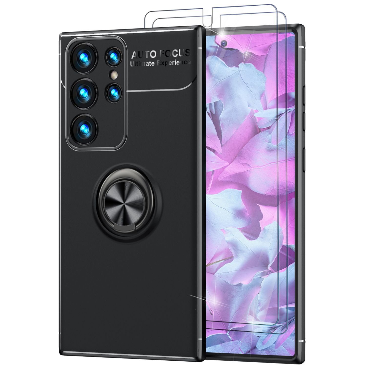 Nalia Smartphone-Hülle Samsung Galaxy S23 Ultra 17,3 cm (6,8 Zoll), Matte Ring Silikon Hülle / 2x Displayschutz / 360° Ring / Aufsteller