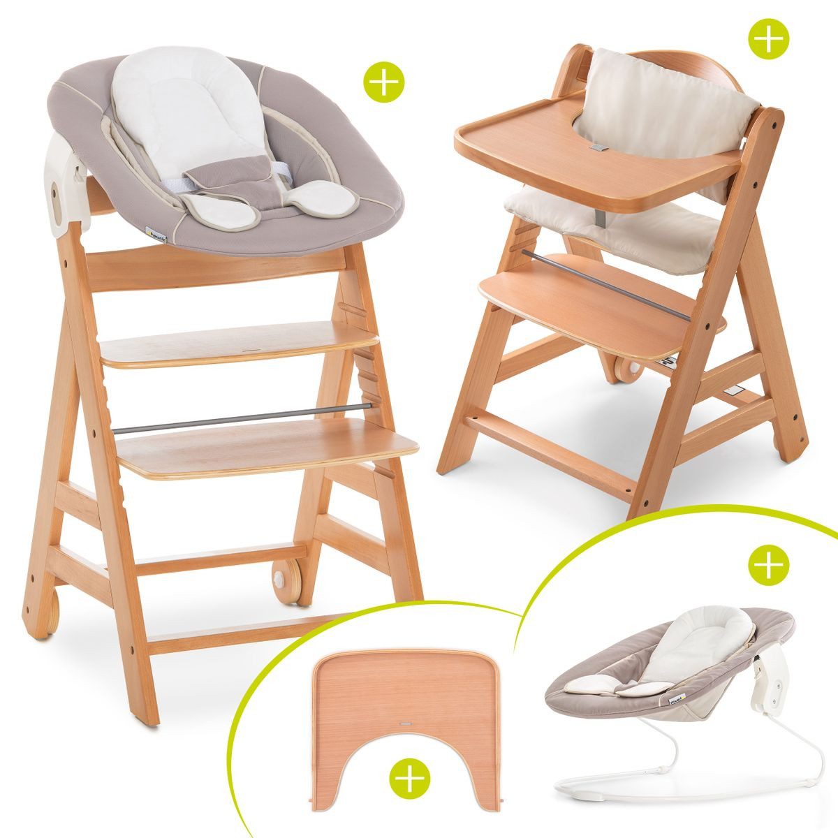Hauck Hochstuhl Move Natur Newborn Set (5 St), Holz Babystuhl ab Geburt mit Neugeborenenaufsatz, Sitzkissen, Essbrett