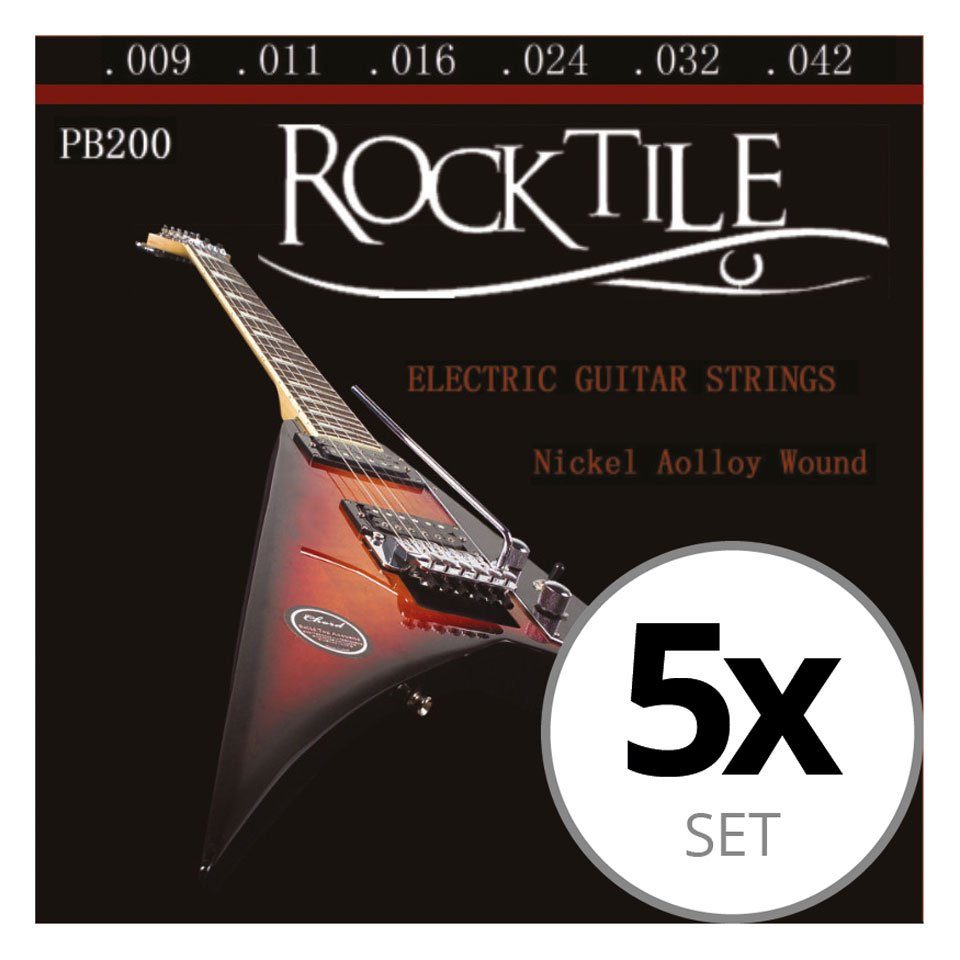 Rocktile Saiten Gitarrensaiten für E-Gitarre Super Light Nickel Wound, (5-tlg), Saiten: .009, .011, .016, .024, .032, .042
