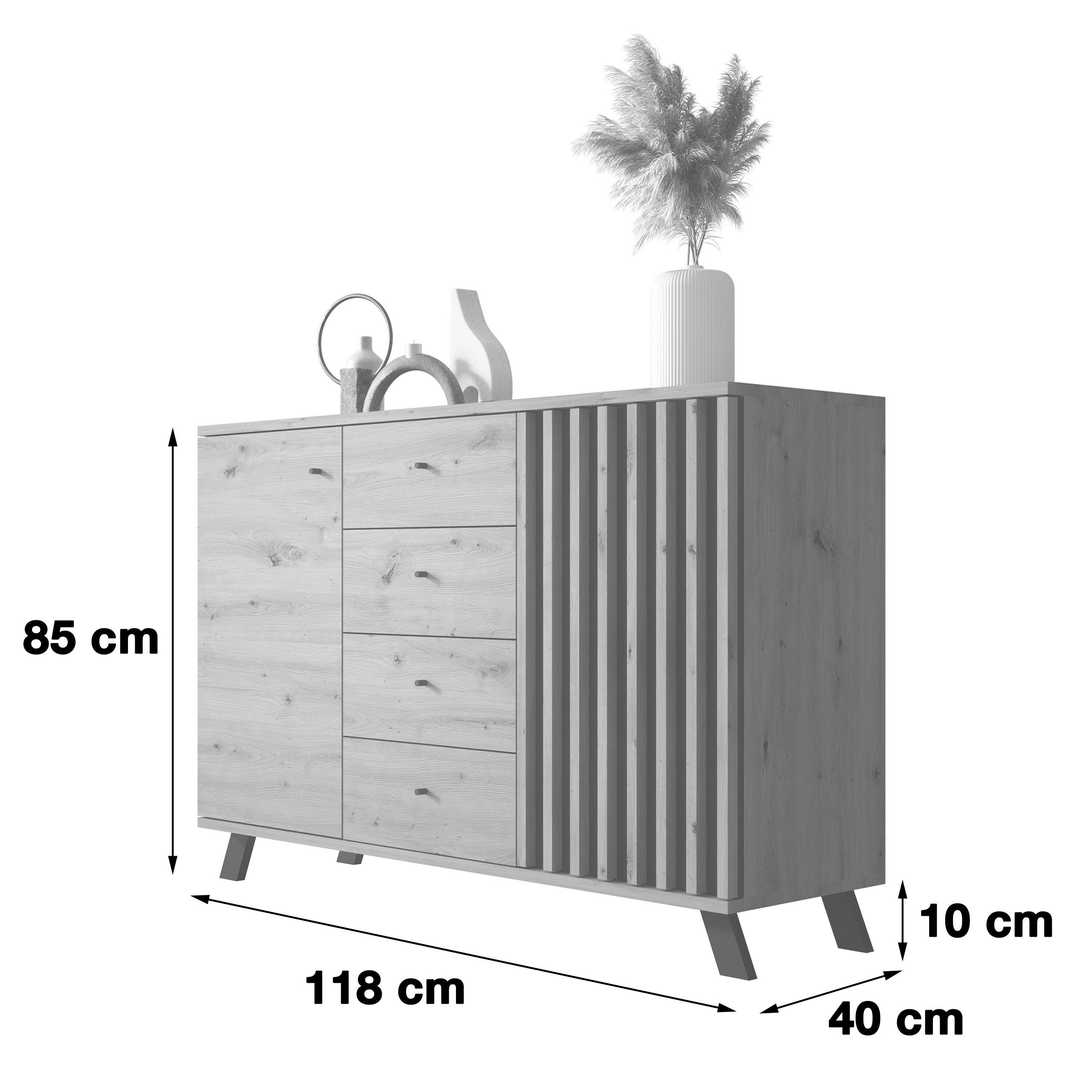 Newroom Sideboard Wildeiche 118 cm, Wildeiche Sideboard Modern Wandpaneel Vintage Highboard Anrichte