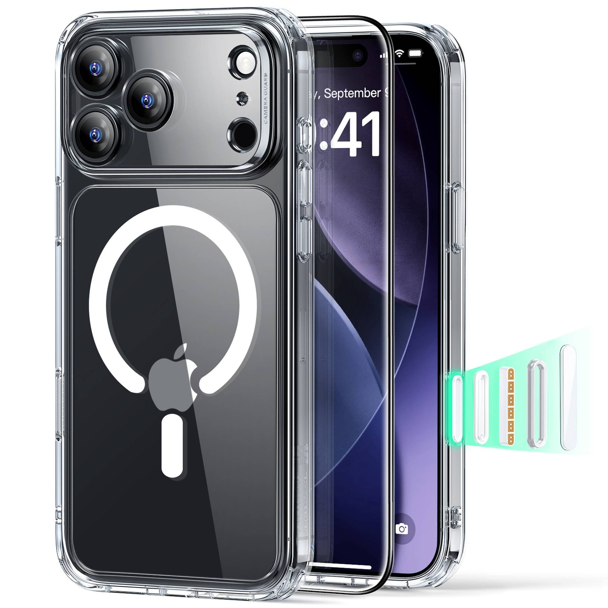 ESR Handyhülle Set aus Classic Hybrid HaloLock Case & Tempered-Glass Displayschutz, Kamerasteuerung Taste, Magnetkraft von 1,5kg, gehärtetes Glass