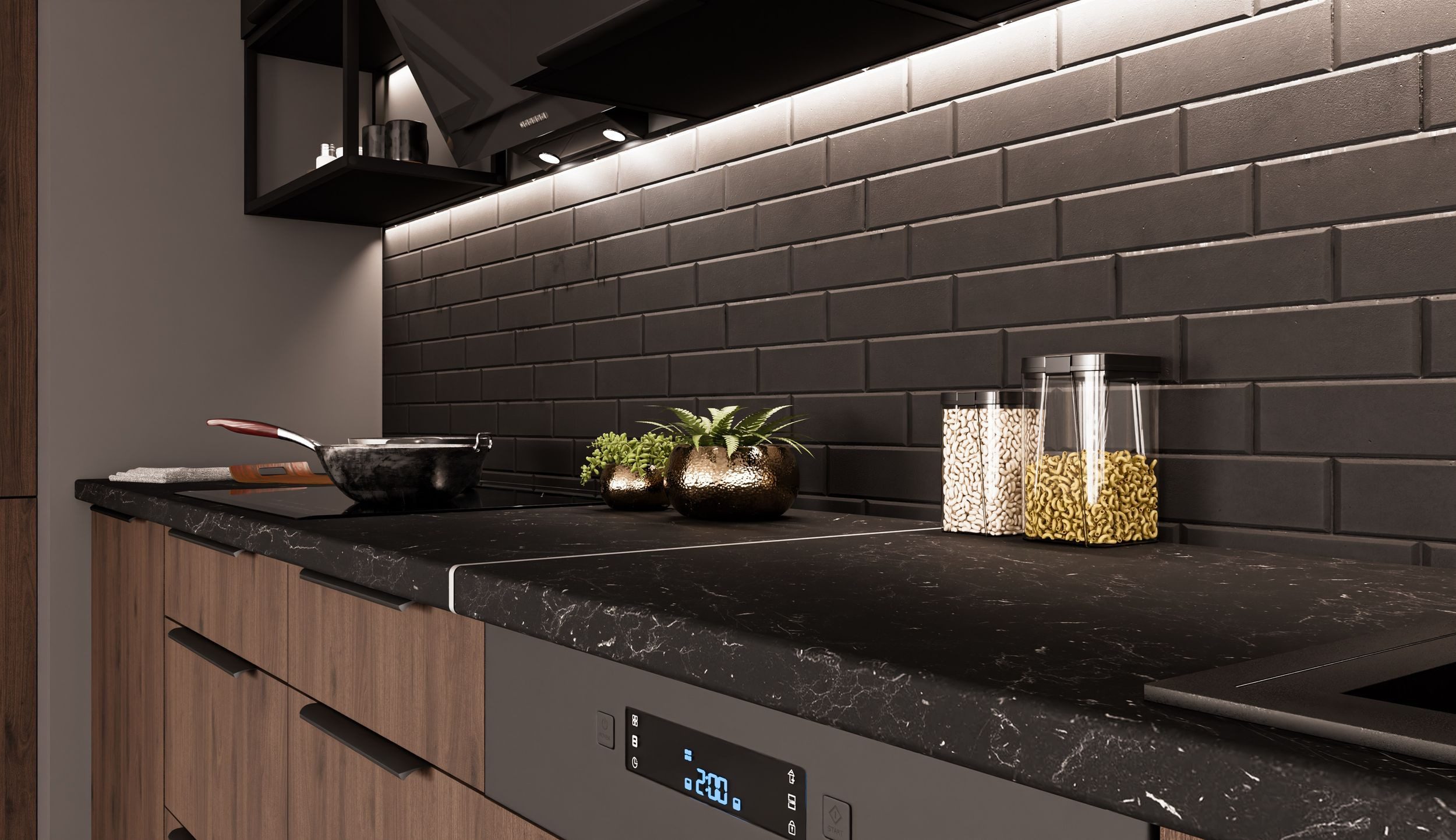Küchen-Preisbombe Küchenzeile MONZA + SIENA LOFT 280 + 180 Küchenblock Küche Nussbaum Schwarz matt