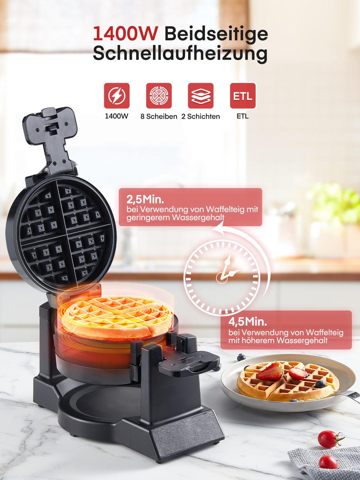 FOHERE Waffeleisen Doppelwaffeleisen für belgische Waffeln, 180°-Wendefunktion, 1400 W, 180°-Wendefunktion, herausnehmbare Fettauffangschale