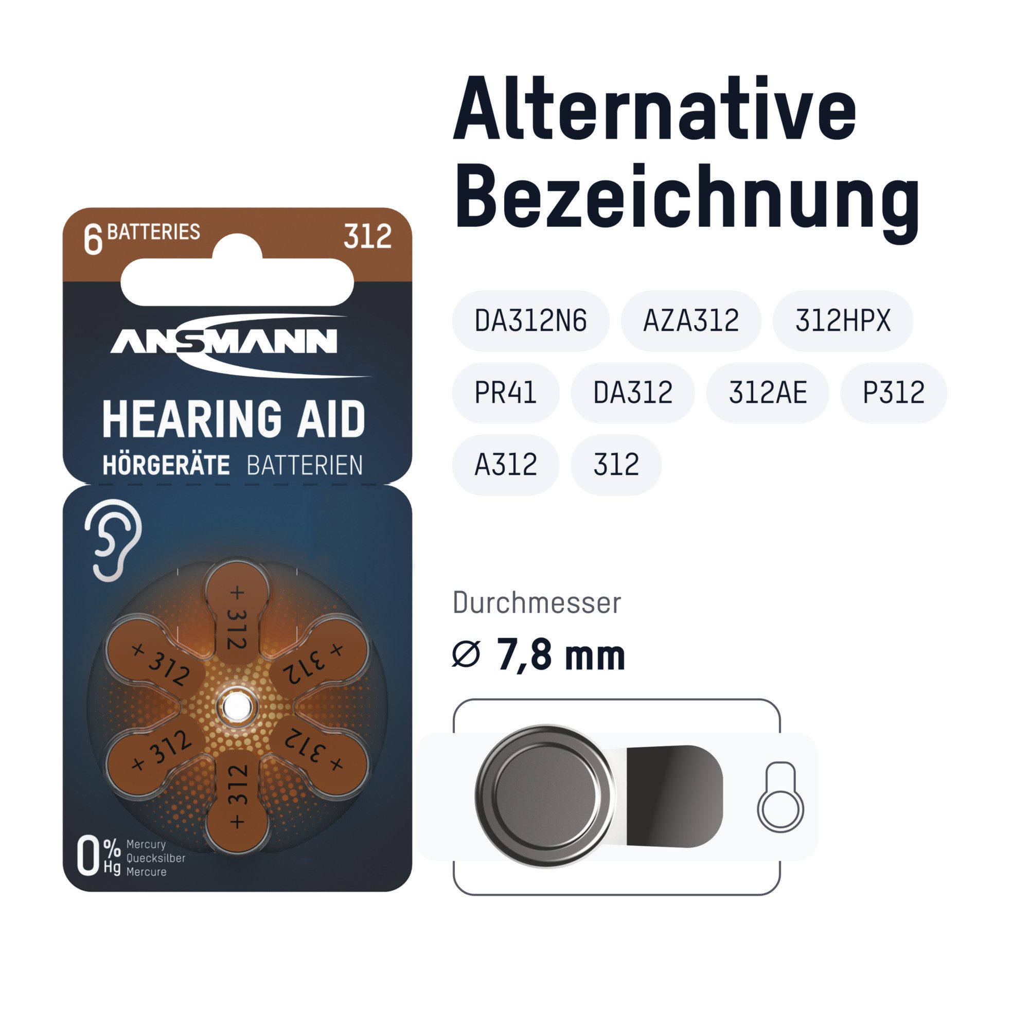 ANSMANN AG Hörgerätebatterien Typ 312 braun, 60 Stück Knopfzelle