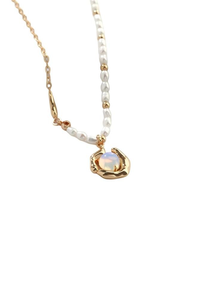 Kette mit Anhänger 925 Silber Perlenkette mit Opal-Anhänger,18K Vergoldet Damenhalskette