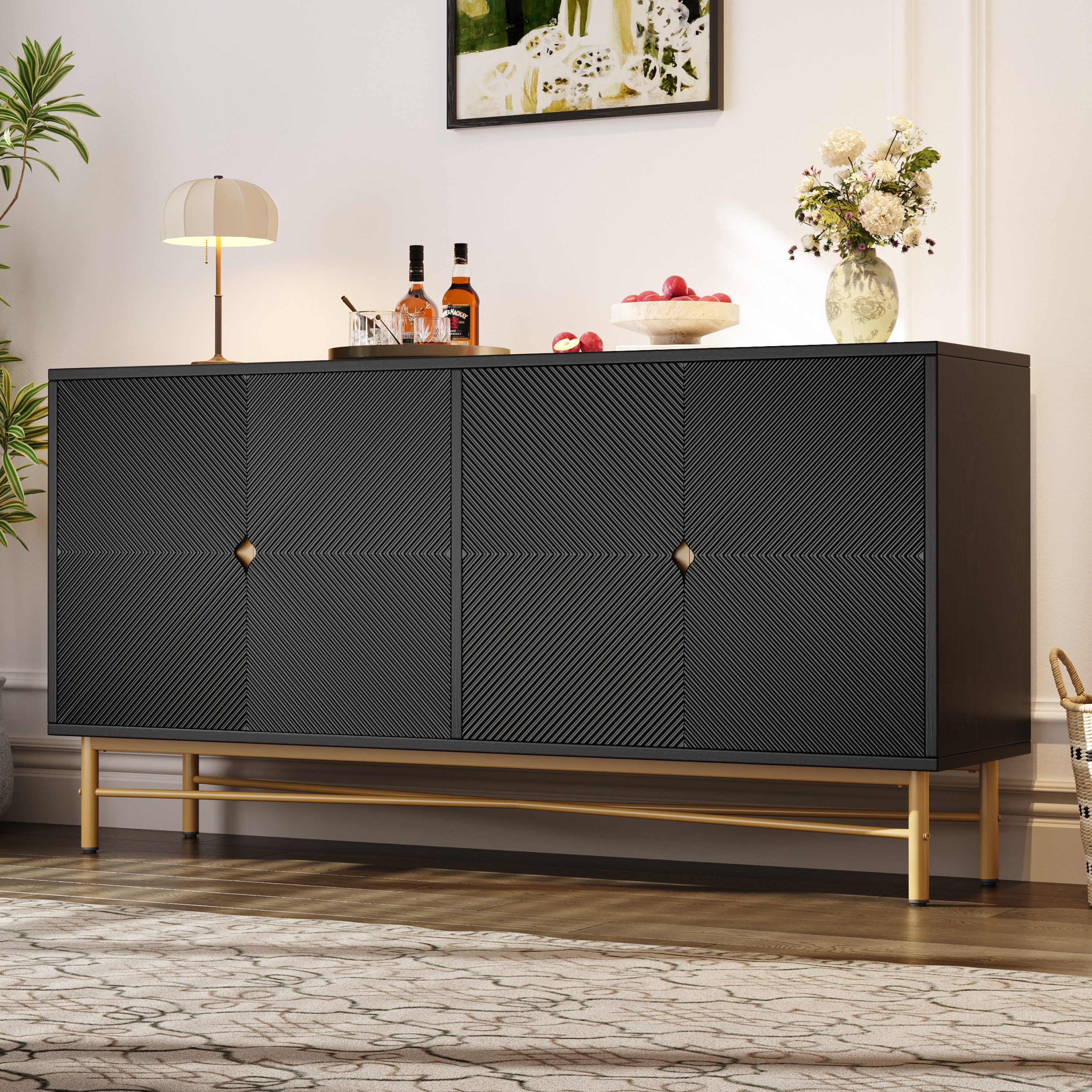 Merax Sideboard Kommode 160 cm, mit 4 Türen, Goldenes Bein (1 St., für Wohnzimmer & Esszimmer), Anrichte mit Verstellbare Einlegeböden