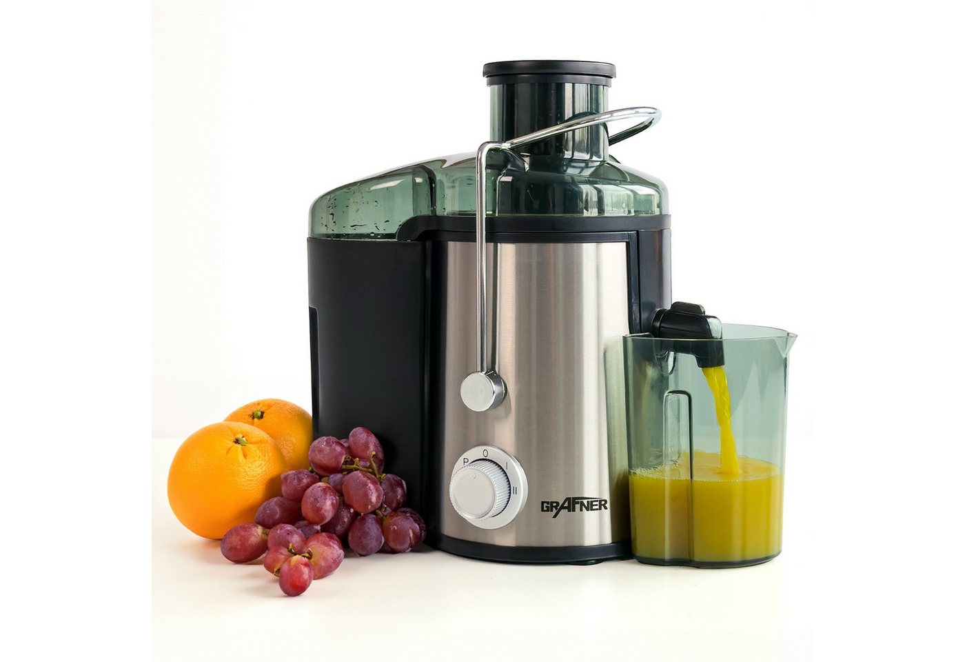 Grafner Entsafter Entsafter für Obst und Gemüse aus Edelstahl, 400,00 W, Tresterbehälter 1,5l, Saftbehälter 450ml