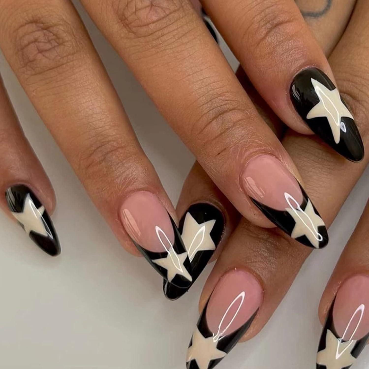 Kunstfingernägel 24 Stück Mandel Press On Nails Mittel Schwarz Weiß Pentagramm Acryl