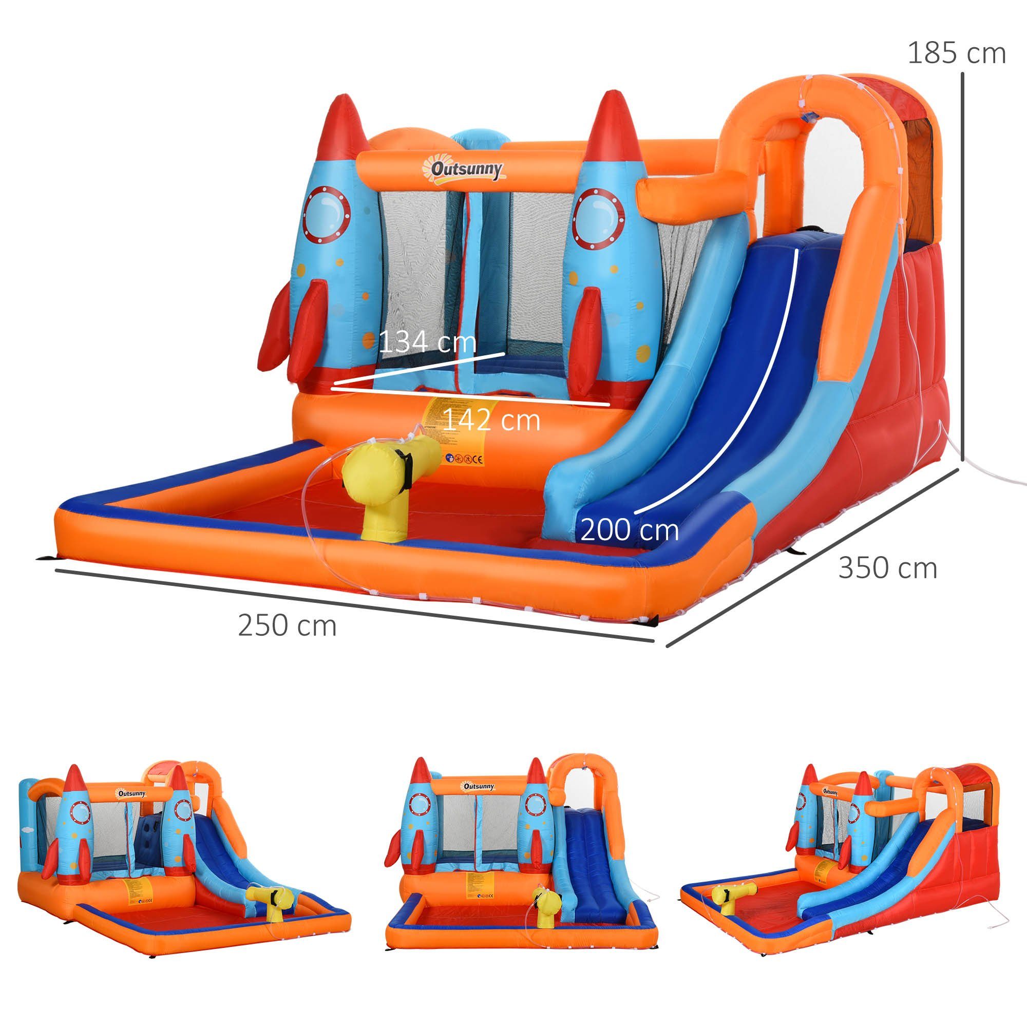 Outsunny Hüpfburg Aufblasbare Burg mit Rutsche für 4 Kinder, (Spielburg, 1-tlg., Springburg), Mehrfarbig 350 x 250 x 185 cm