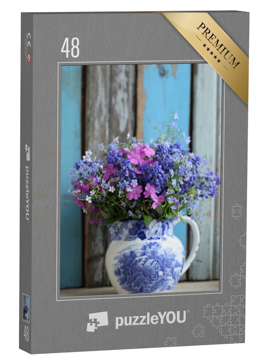 Puzzleteile, Vintage-Blumenstrauß, 48 Bouquet, rosa & Blumenvasen, Pflanzen Blumen Puzzle und puzzleYOU puzzleYOU-Kollektionen Blau