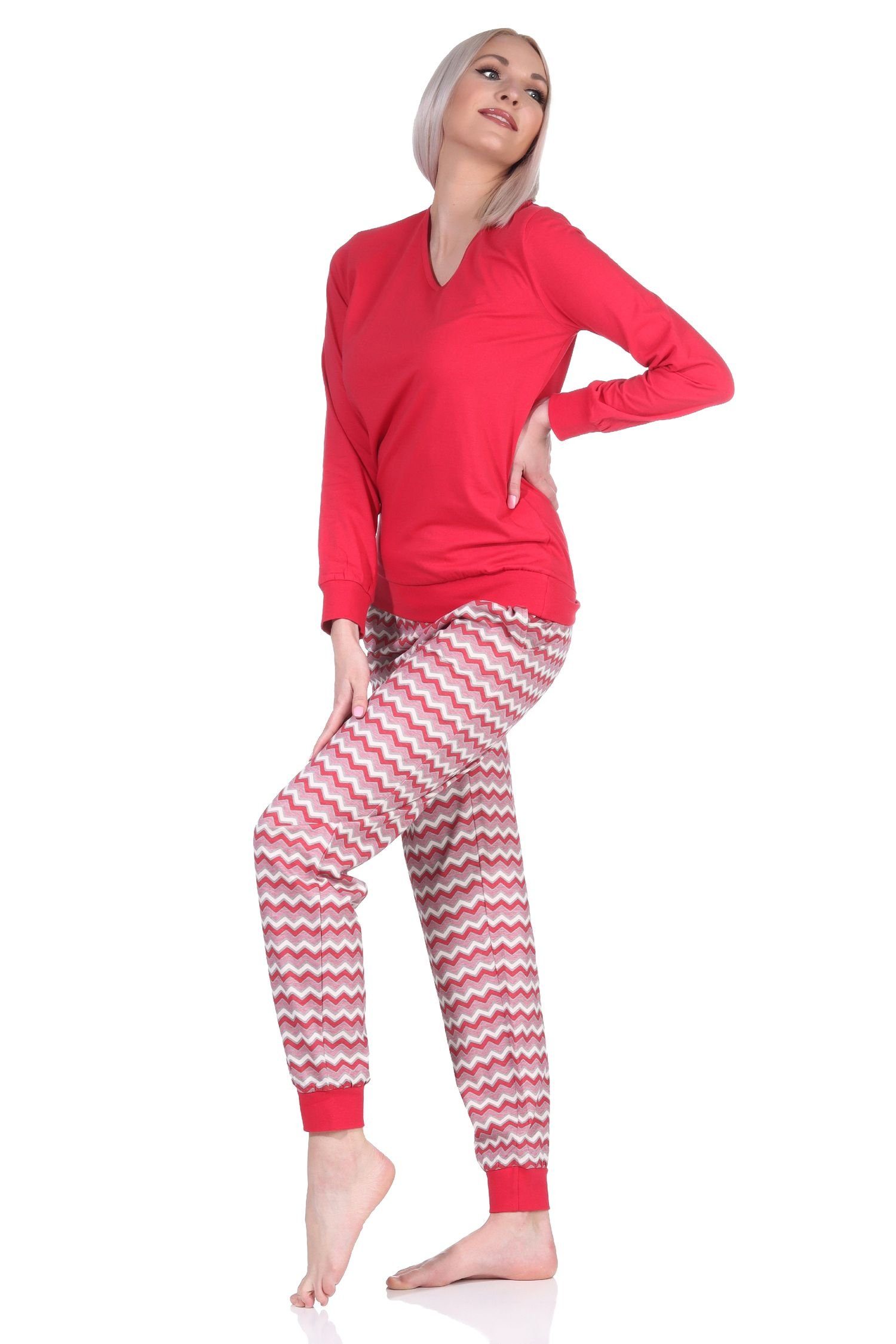 Ethno-Look Normann rot Pyjama, Pyjama im V-Hals mit Bündchen Damen lang & Schlafanzug
