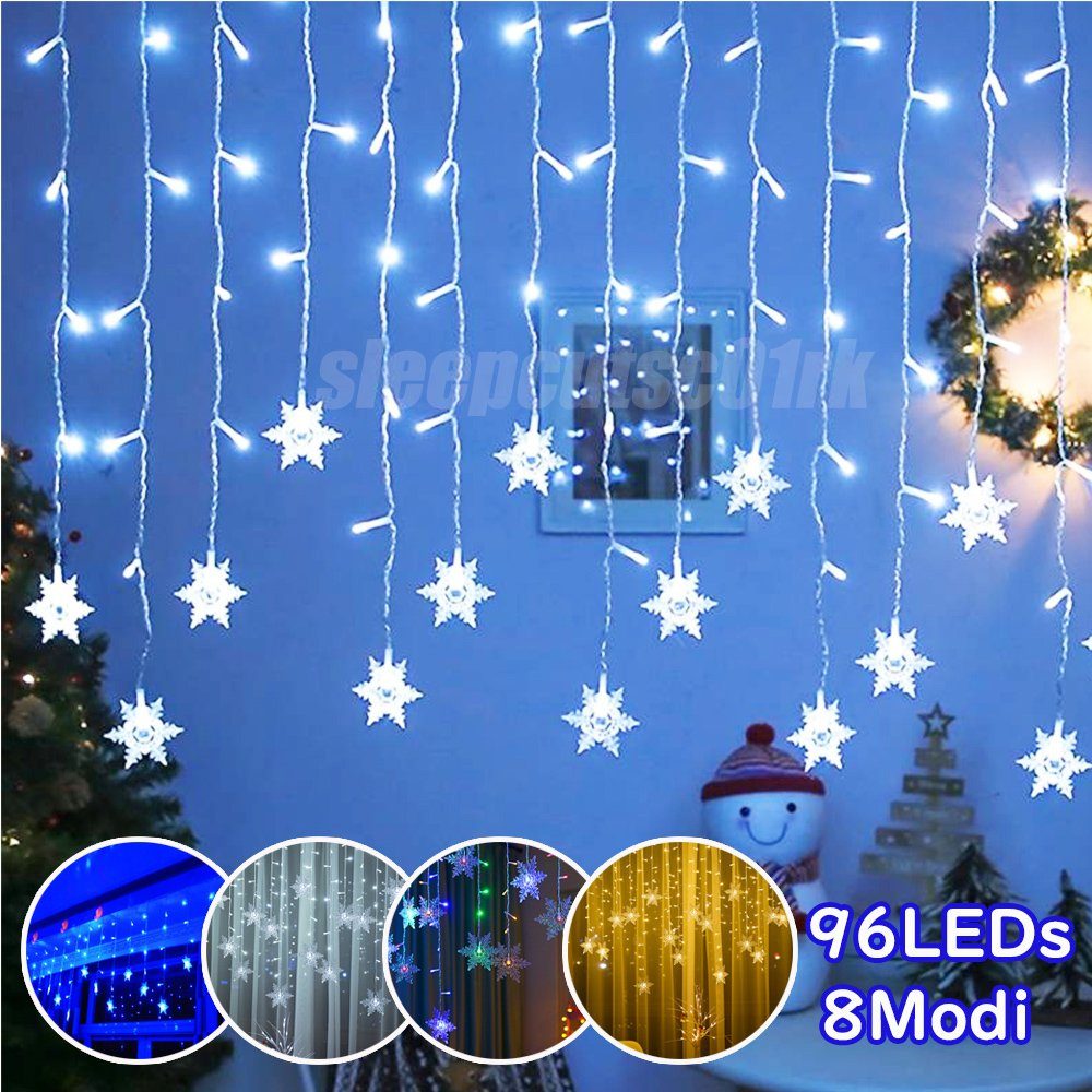 Lichtervorhang Lichterkette LED Schneeflocken Modi, 8 Vorhang Lichter, Laybasic Lichterketten,Schneeflocke LED IP44 Weiß Wasserdicht Speicherf, LED-Lichterkette