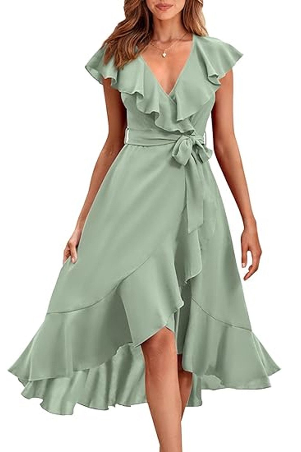 ENIX Dirndl Damenkleid aus einfarbigem Chiffon mit langen Rüschen und Schlitz Sommerliches elegantes formelles Party-Abendkleid mit Gürtel