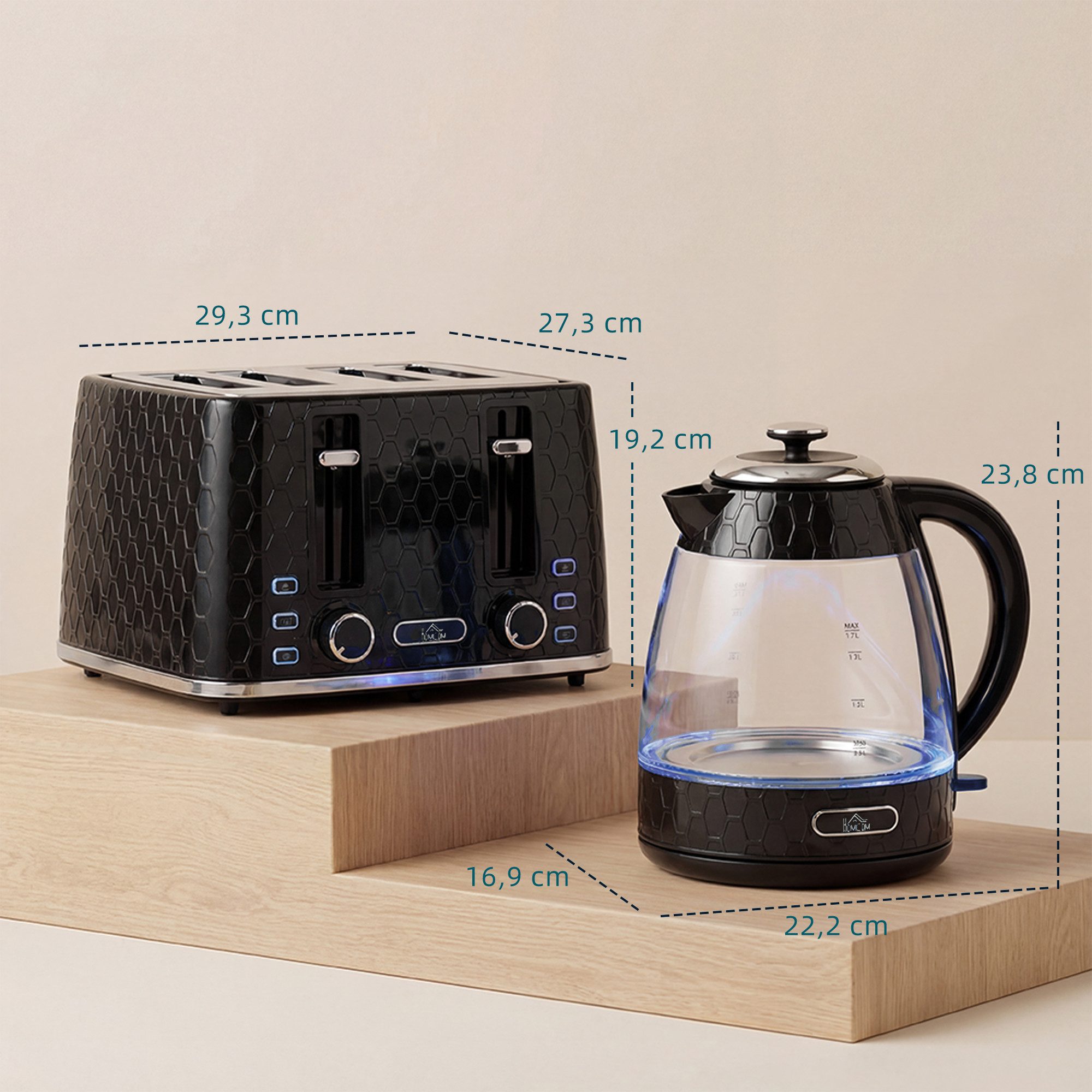 HOMCOM Frühstücks-Set Wasserkocher mit Kalkfilter, Toaster mit Krümelschublade (2-tlg), Toaster und Wasserkocher Set in Schwarz – Bild 3 von 5