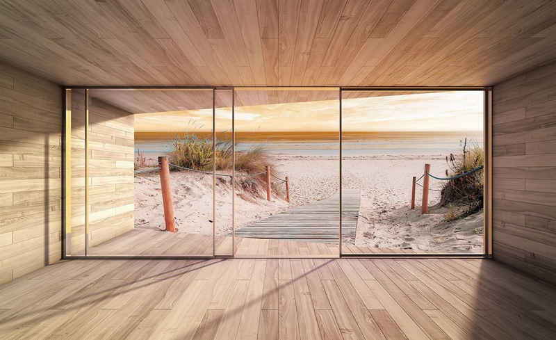 Wallarena Fototapete 3D EFFEKT Terrasse Fenster Strand Meer Sand Sonne Vlies Tapete für Wohnzimmer oder Schlafzimmer Vliestapete Wandtapete Motivtapete, Glatt, 3D-Optik, Vliestapete inklusive Kleister