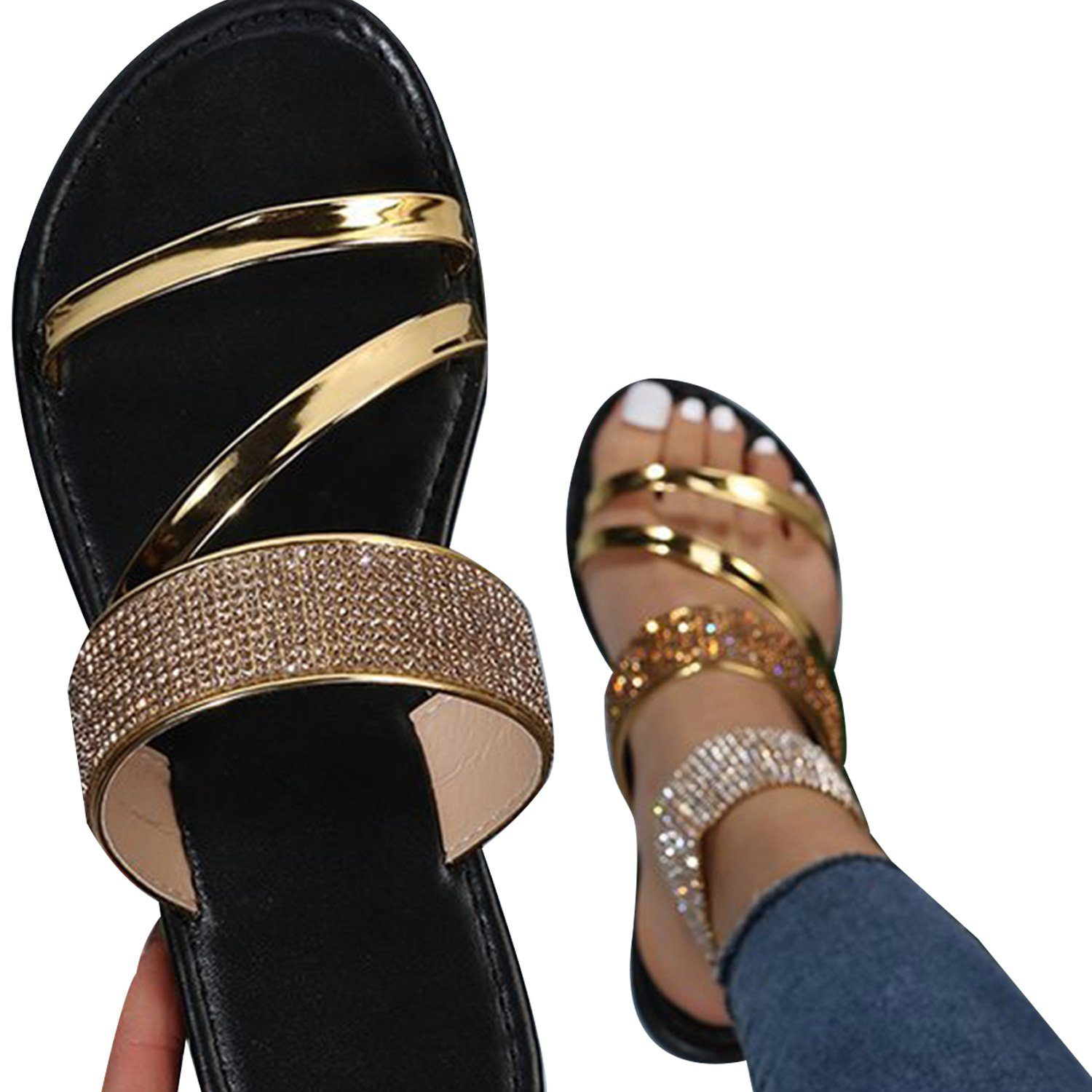 MAGICSHE weiblich Mode Sandale mit Strass, lässige Sandalen Schwarz Gold | Riemchensandalen