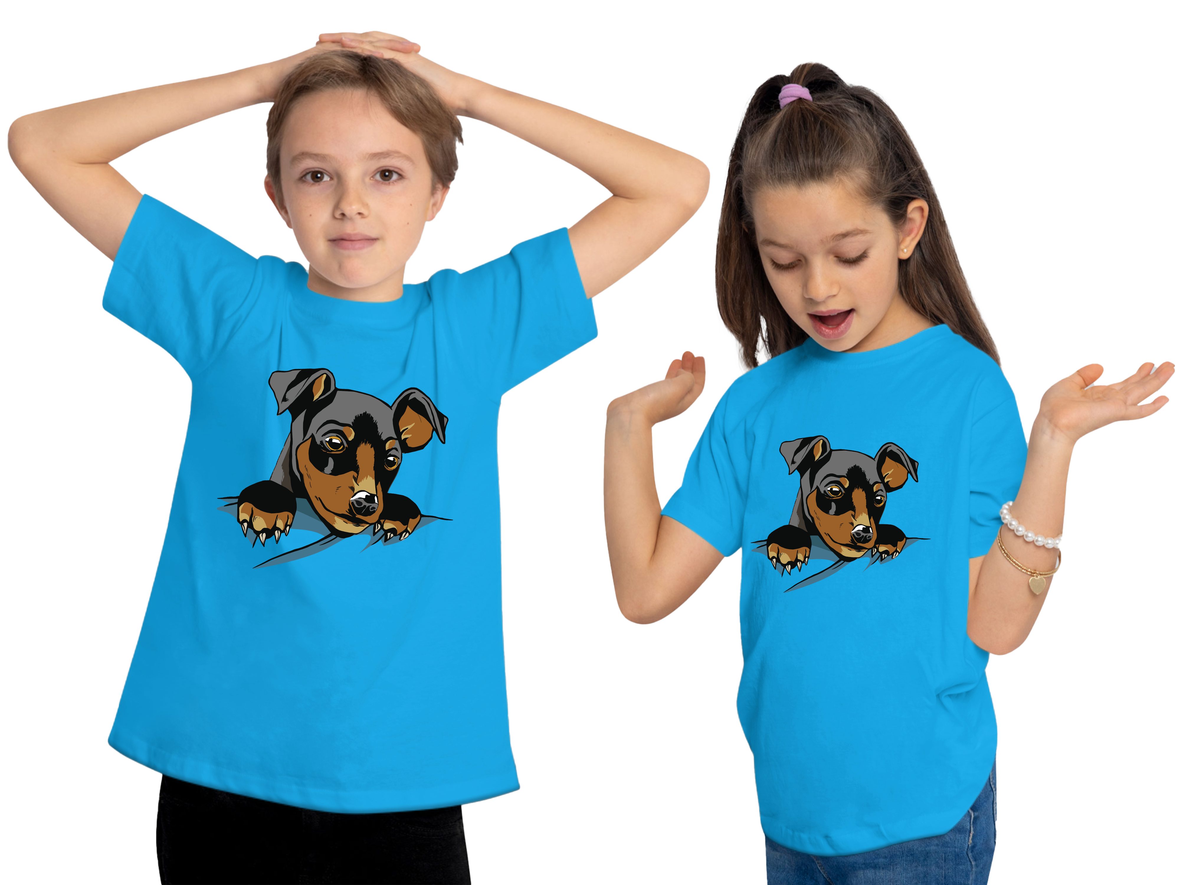 aqua - i227 Kinder Welpe blau mit Süßer Hunde MyDesign24 T-Shirt Baumwollshirt Aufdruck, bedrucktes Print-Shirt