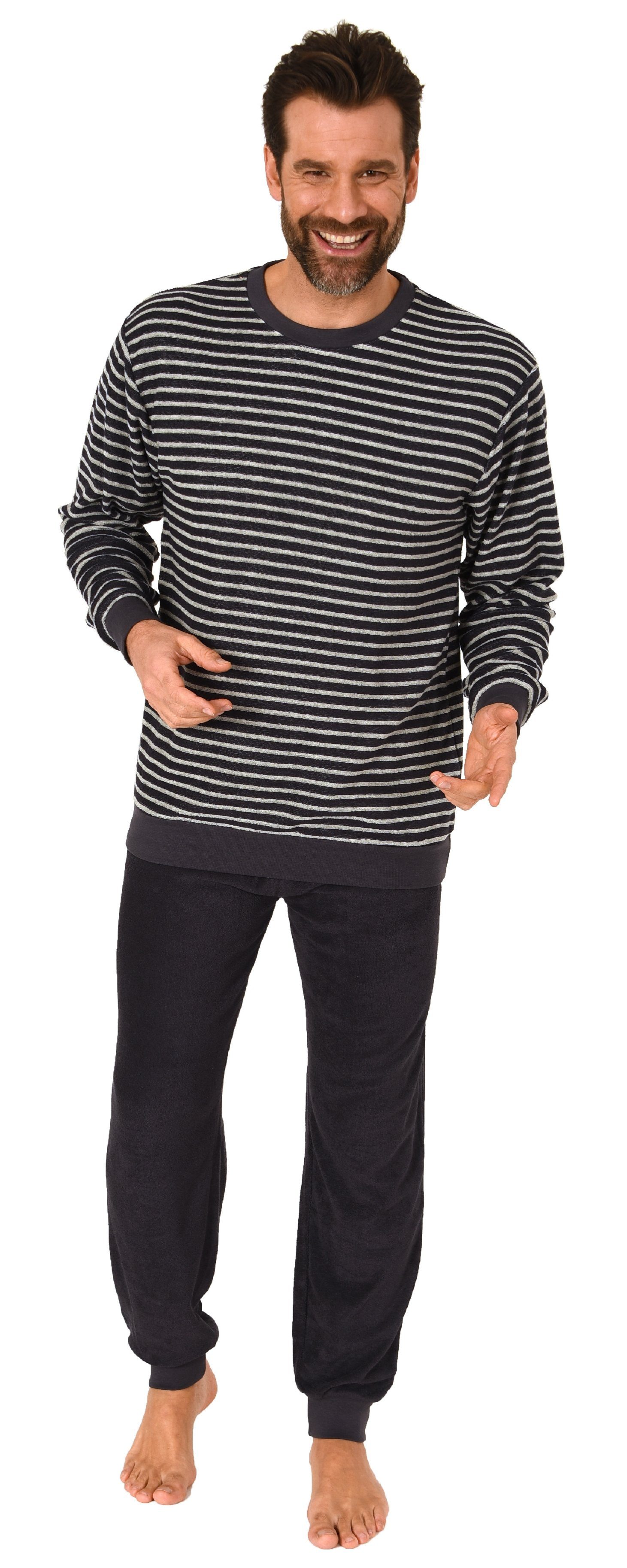 Normann Pyjama Herren Frottee langarm Schlafanzug mit Bündchen in Streifeno günstig online kaufen