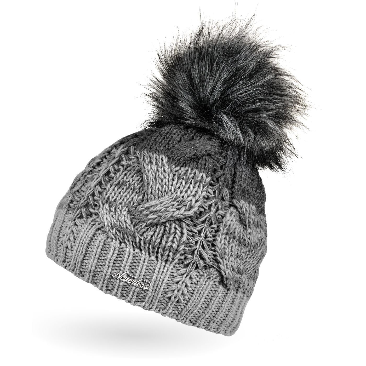 Neverless Bommelmütze Damen Strick-Mütze gefüttert Fleece-Innenfutter Fell-Bommel Kunstfell
