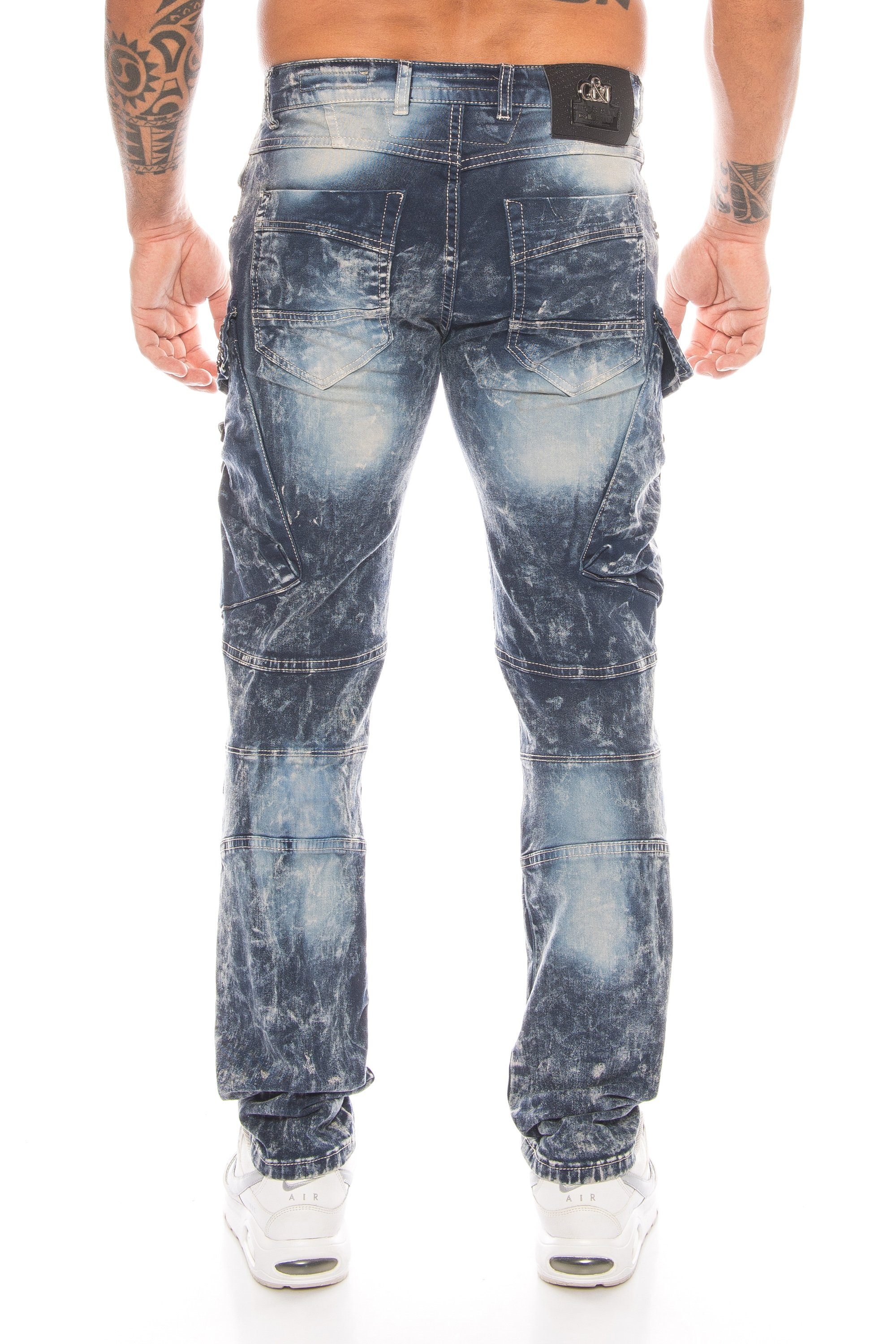 Cipo & Baxx Batik Strasssteinen stylischer Jeanshose Blau Cargo Zierreißverschlüssen Slim-fit-Jeans Jeans mit Herren Waschung und mit Hose