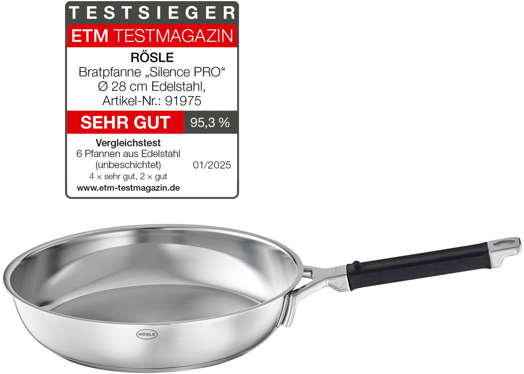 RÖSLE Bratpfanne SILENCE PRO, Edelstahl 18/10 (1-tlg), Universalpfanne, spülmaschinen- und induktionsgeeignet, 28 cm