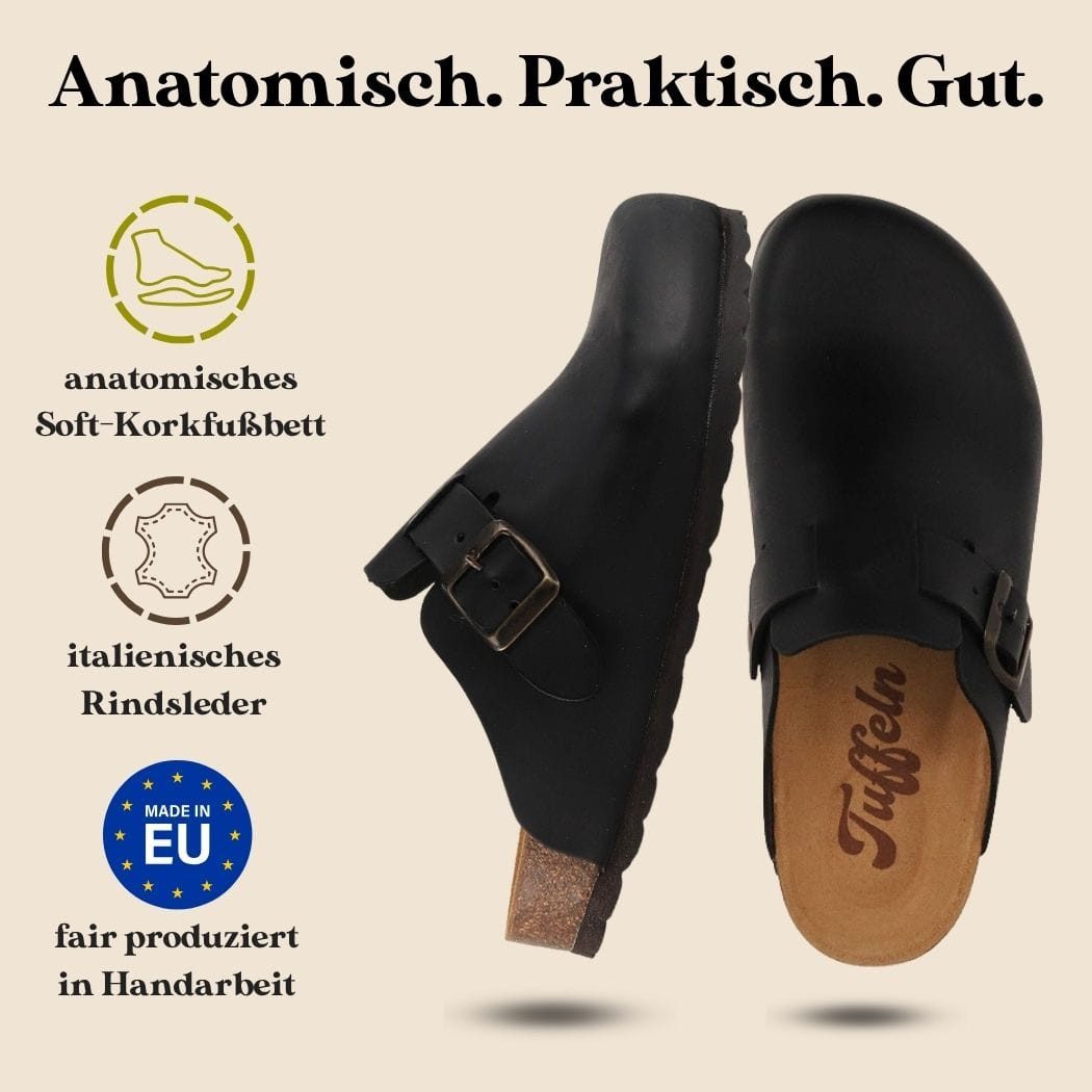 Tuffeln Leder-Clogs 'Helgoland' mit Korkfußbett schmale Passform Hausschuh mit Weichbettung