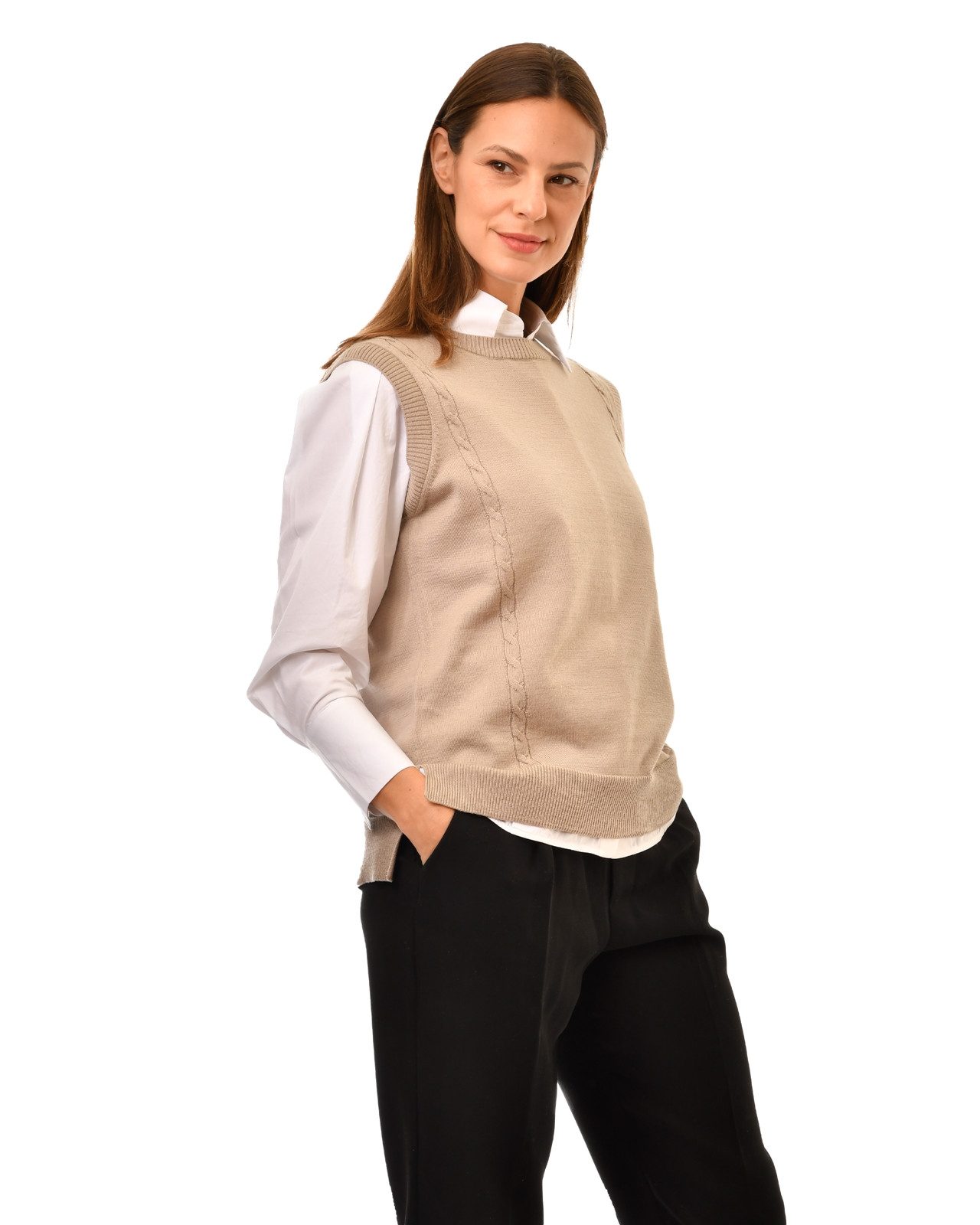 Pullunder Legerer Pullunder Rundkragen, hüftlang, seitlich geschlitzt, beige S/M
