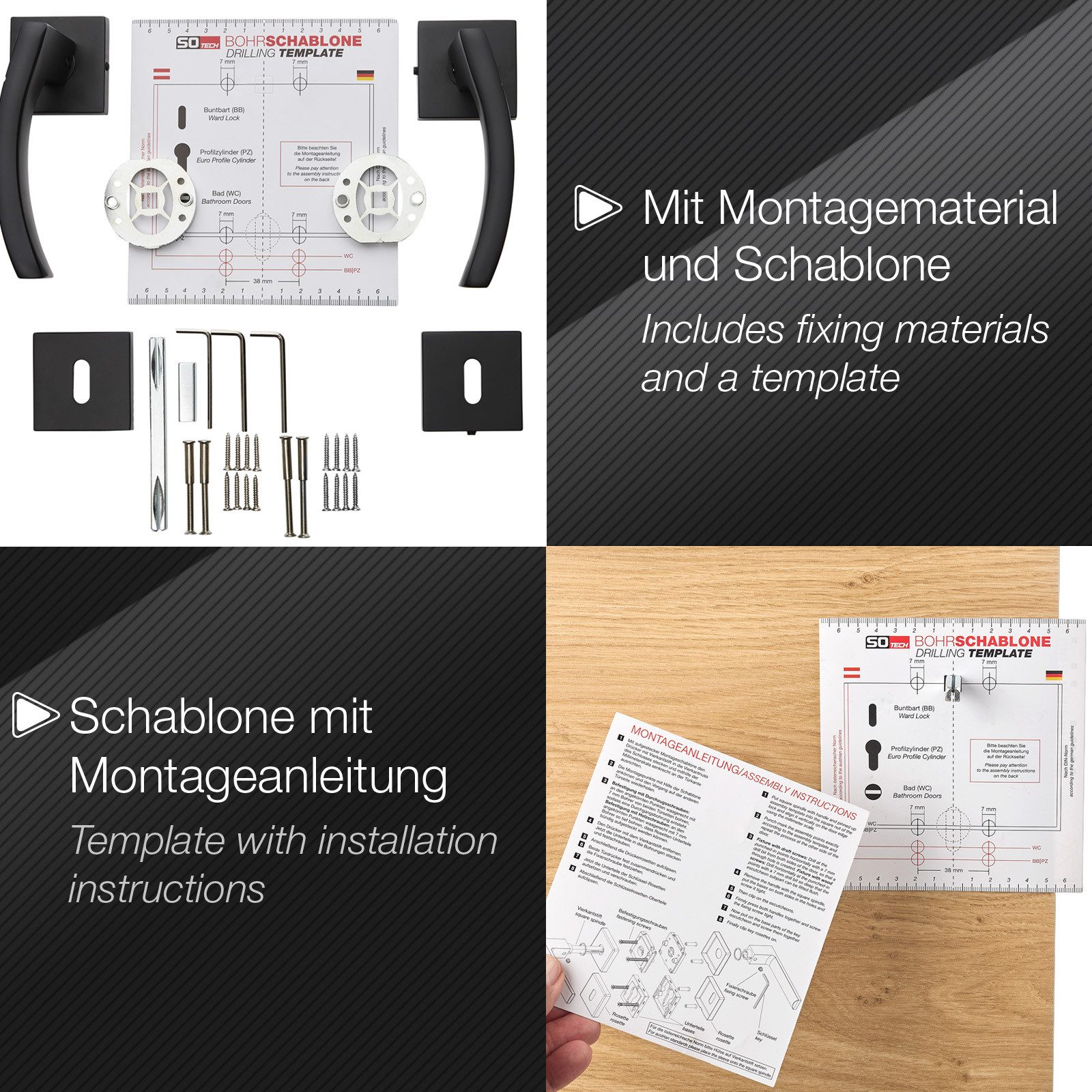 SO-TECH® Drückergarnitur Türdrücker INGVAR Aluguss schwarz inkl. Befestigungsmaterial, Spar-Set, 1-tlg., mit Papier-Bohrschablone, mit BB-Rosetten - Buntbart fü – Bild 4 von 5