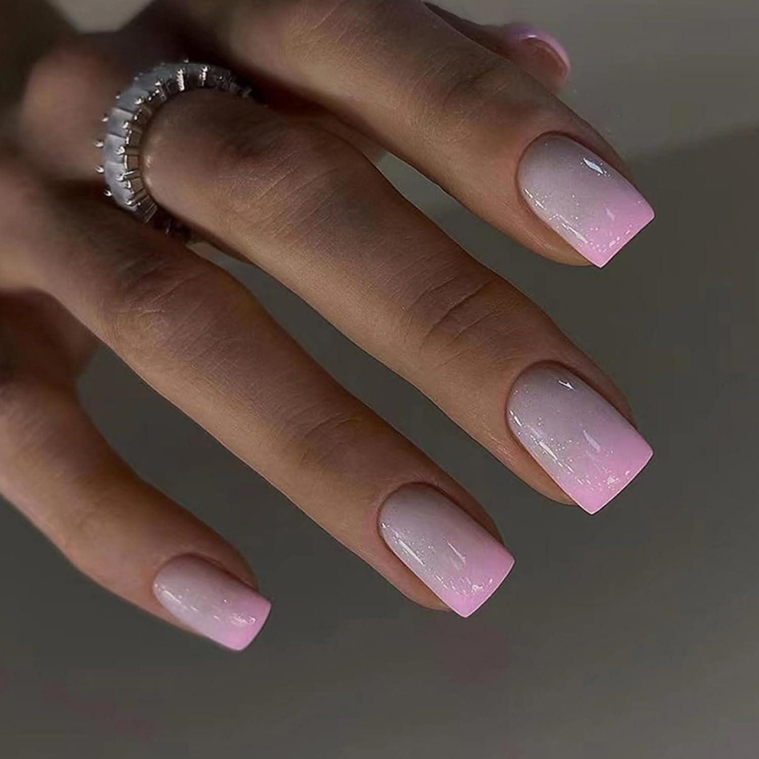 Kunstfingernägel 24er Set Press on Nails Rosa Gradient Eckig French Künstliche Nägel