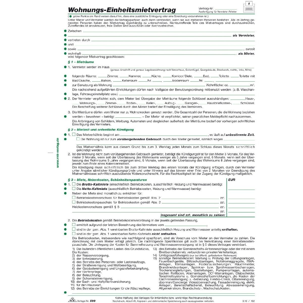 RNK Verlag Formularblock Wohnungs-Einheitsmietvertrag 4 Seiten gefalzt auf A4 + Wohnungsgeberbe