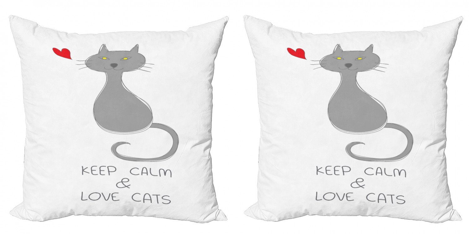 Kissenbezüge Modern Accent Doppelseitiger Digitaldruck, Abakuhaus (2 Stück), Ruhe bewahren, ruhig bleiben Graue Katze rotes Herz