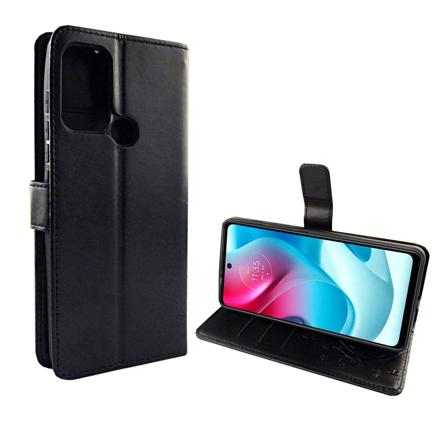 König Design Handyhülle Motorola Moto G60S, Schutzhülle für Motorola Moto G60S Tasche Handy Hülle Schutz-Cover Flip-Case mit Kartenfach Blumen Schwarz
