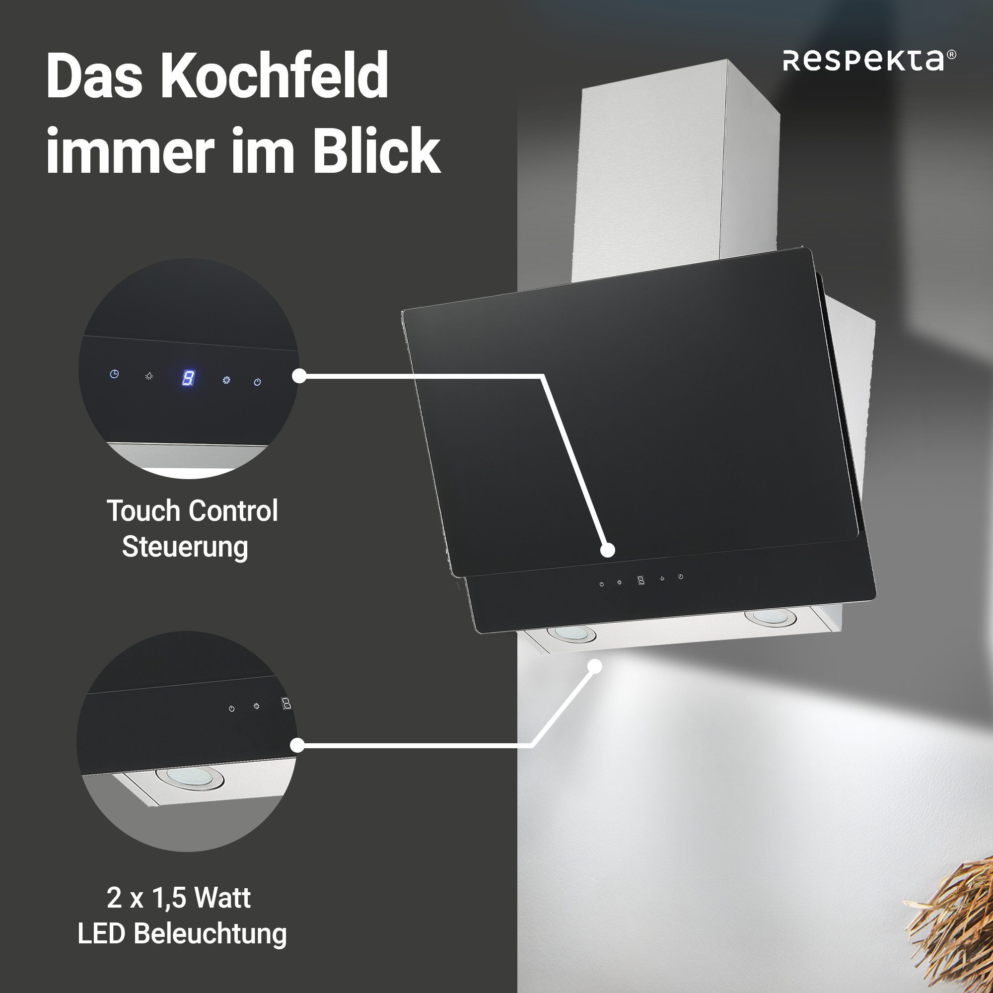 RESPEKTA Kopffreihaube Selena Serie CH77060SA Selena, EEK: A; Breite: 60 cm; Abluft & Umluftbetrieb möglich