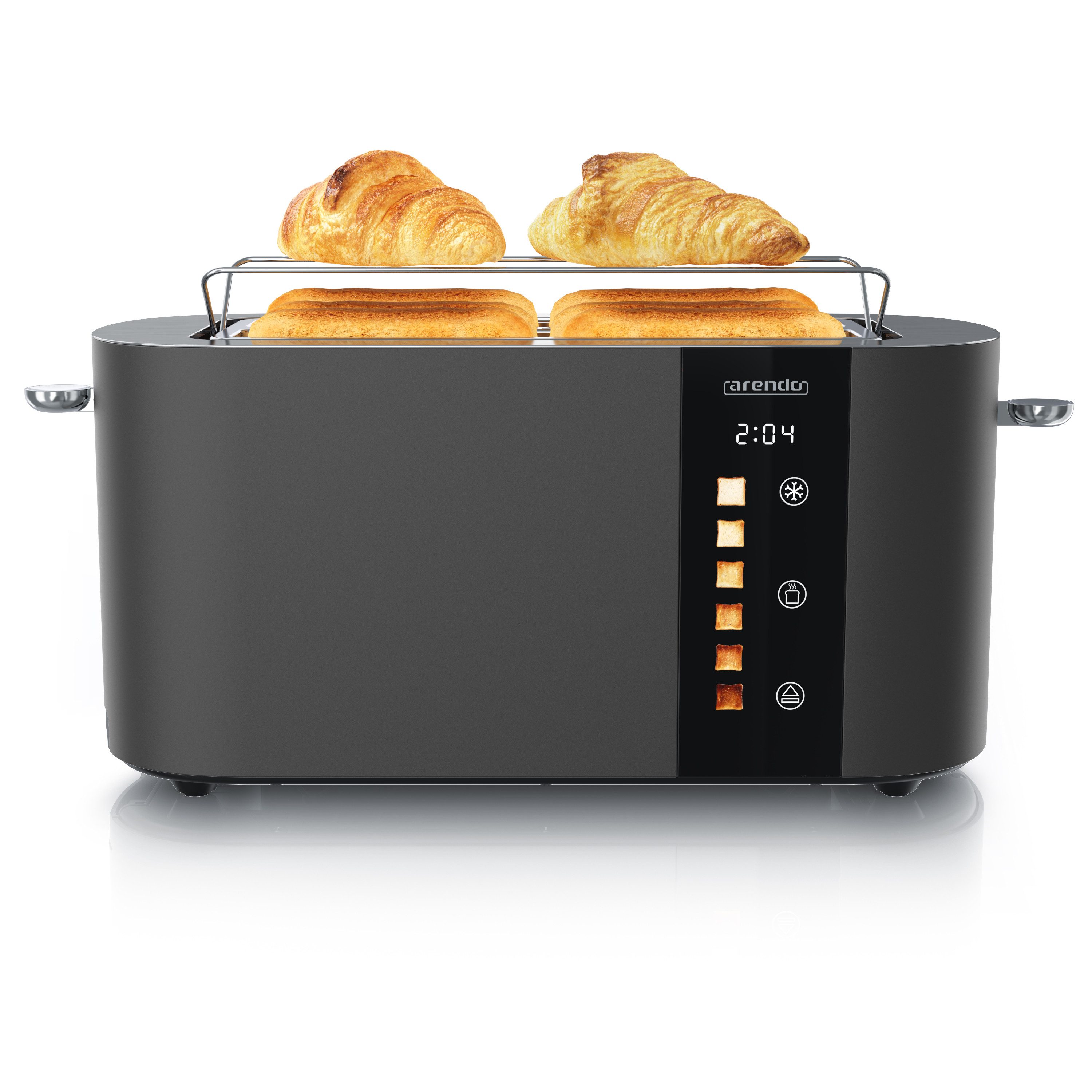 Arendo Toaster Edelstahl, Langschlitz, Touch Display, Restzeit & Bräunungsgradanzeige, 2 lange Schlitze, für 4 Scheiben, 1500 W, Brötchenaufsatz, Wärmeisoliert, Toast-Symbole für Bräunungsgradauswahl