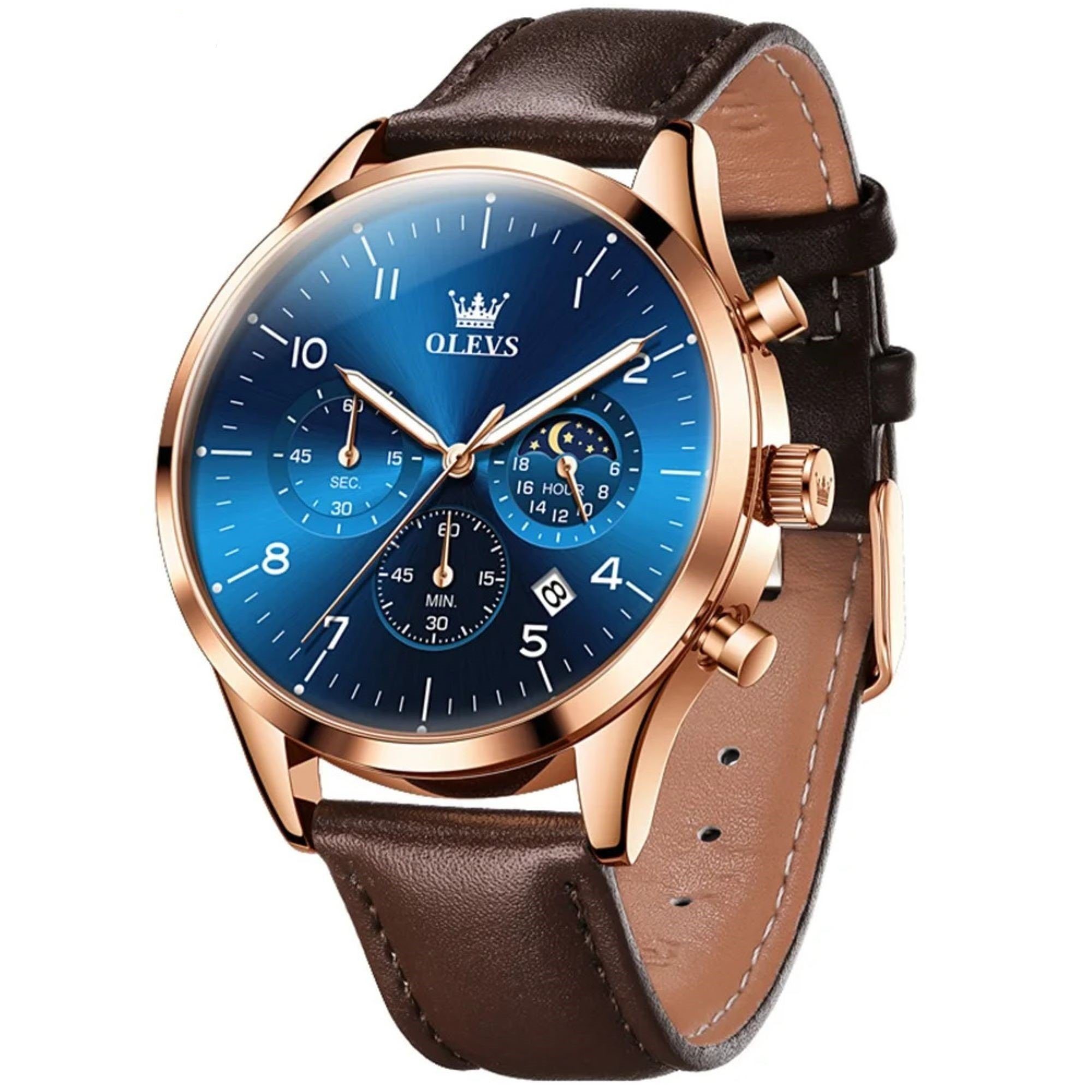 OLEVS Quarzuhr Herren Olevs Chronograph Uhr mit Tag & Nacht Anzeige, Lederarmband 2882