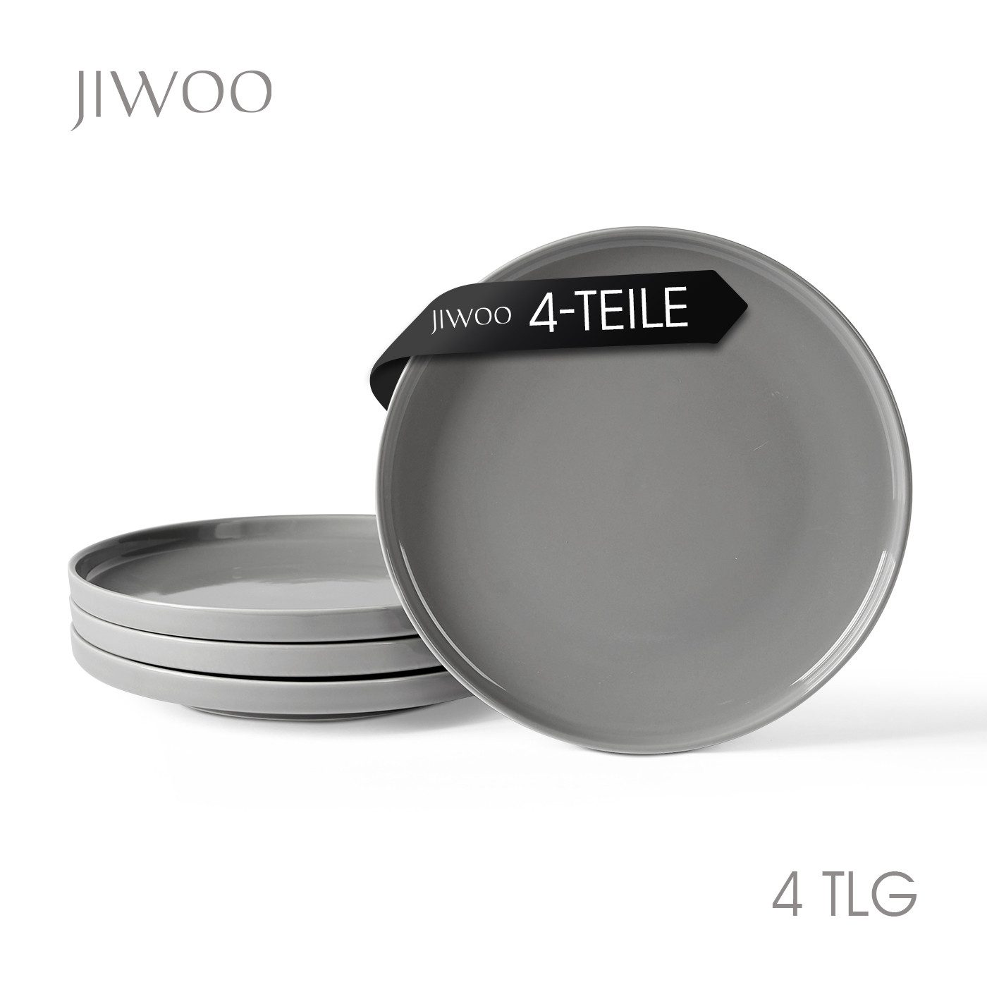 JIWOO Teller 4er Ø25cm, Frühstücksteller Salatteller Steakteller Dessertteller, (4 St), Keramik Tellerset Grau Mikrowellen spülmaschinenfest Ø26,5 cm