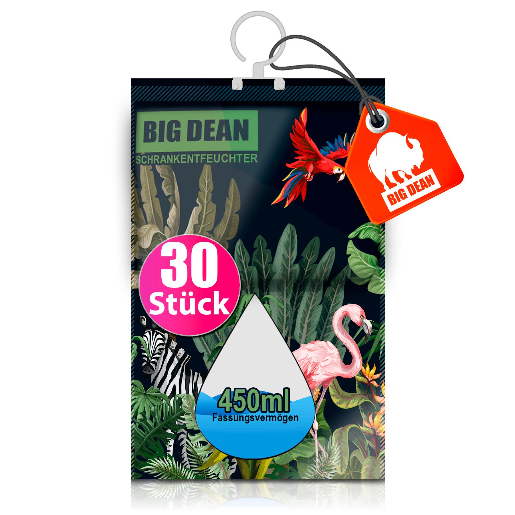 BigDean Luftentfeuchter 30er Pack XL Luftentfeuchter Kleiderschrank - je Beutel bis zu 450ml, für 5 m³ Räume, Entfeuchtung 0,01 l/Tag, Tank 0,45 l, Stromlos, Geräuschlos