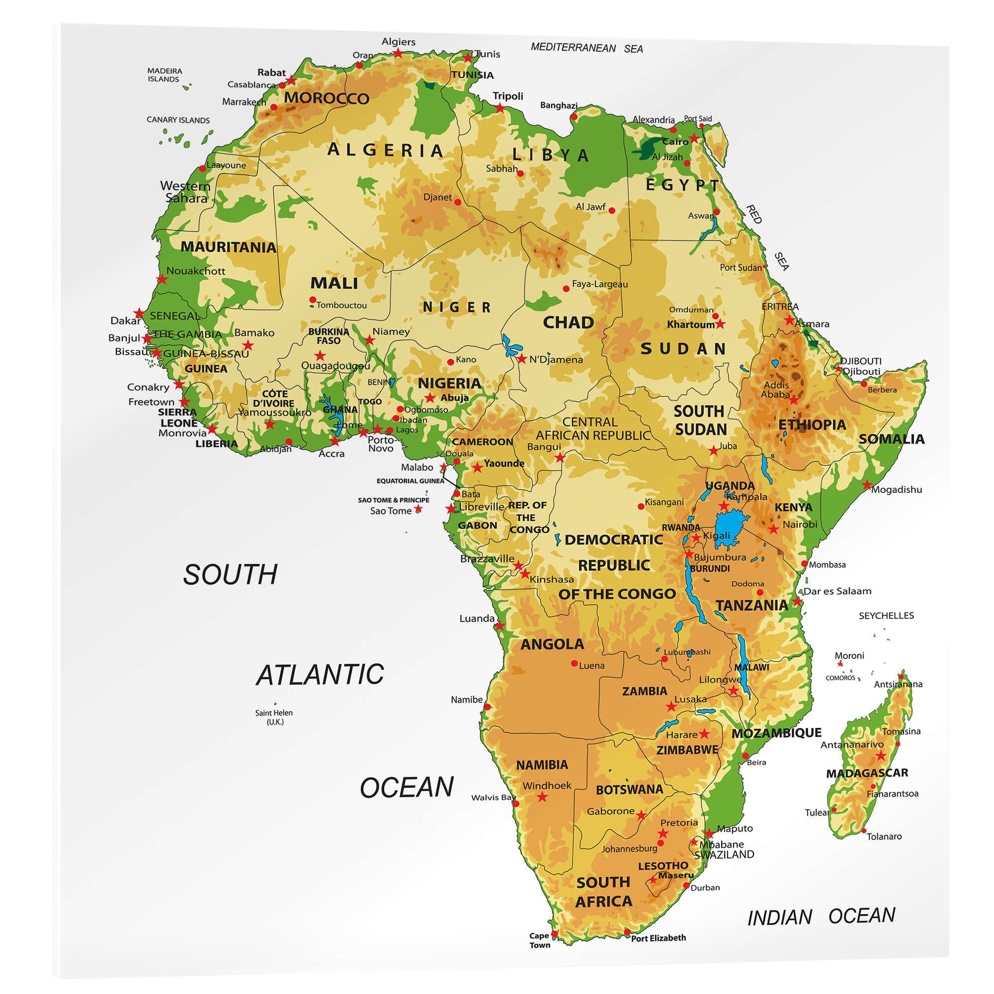 Posterlounge Wandbild Afrika - Topografische Karte (Englisch) II, Editors Choice, erhältlich als Poster, Leinwandbild, Wandsticker oder Acrylglasbild