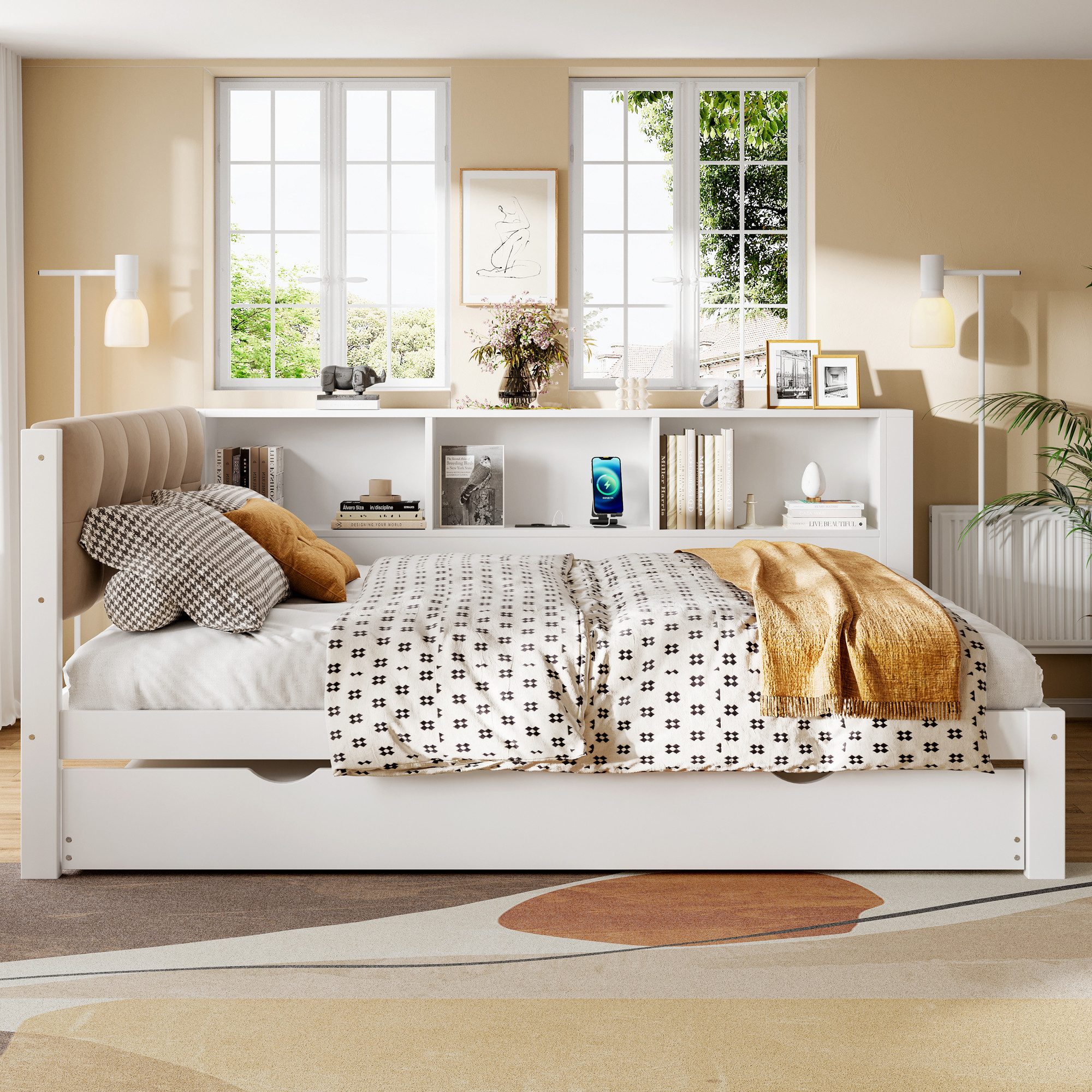 Merax Daybett 140x200cm mit Ausziehbett 90x190cm (Sofabett Kinderbett Jugendbett Einzelbett, 1 tlg), Kiefern Tagesbett Schlafsofa mit LED, USB-Anschluss,seitlichen Regalen