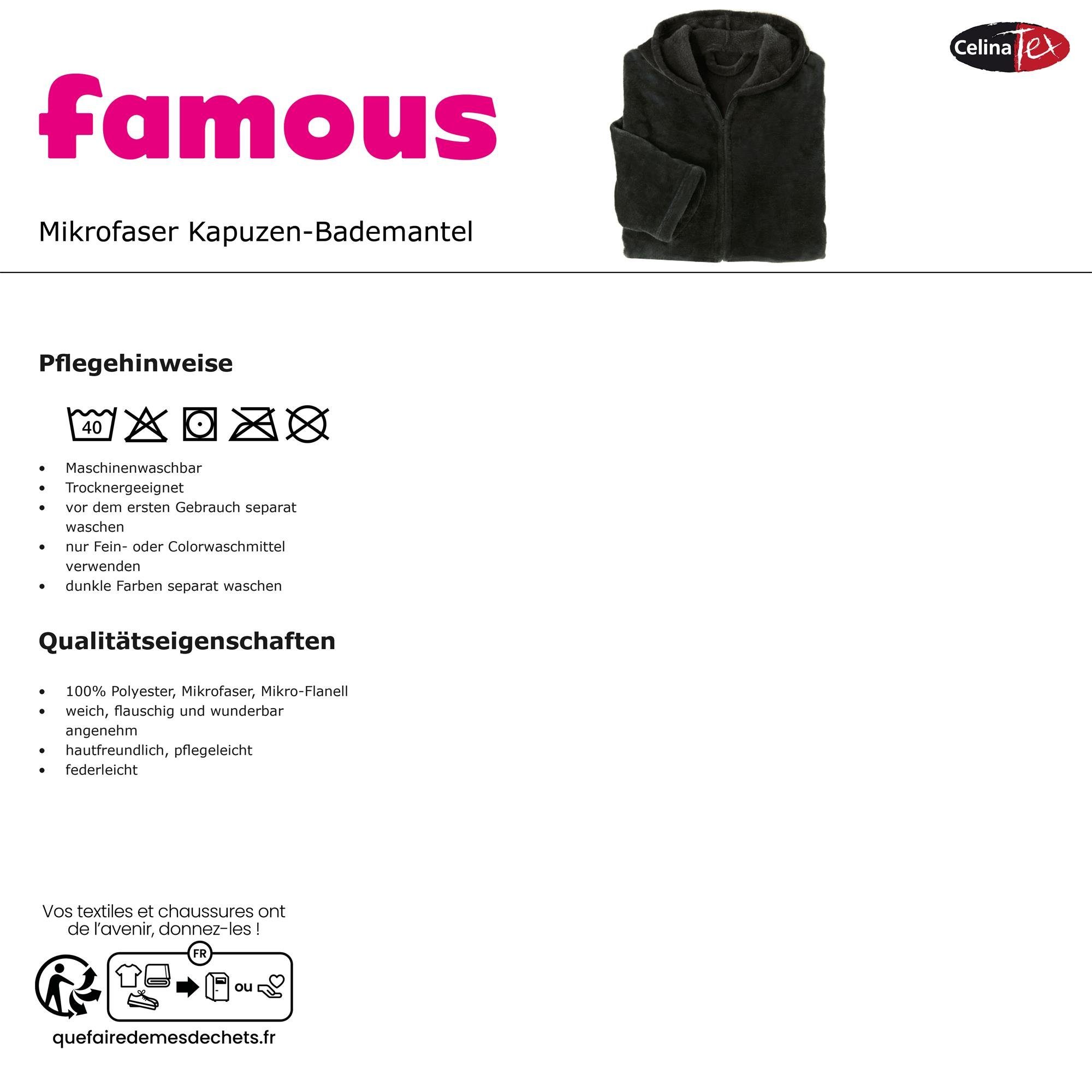 CelinaTex Bademantel Morgenmantel Damen Flanell Kapuze XL schwarz, Reißverschluss Polyester Famous