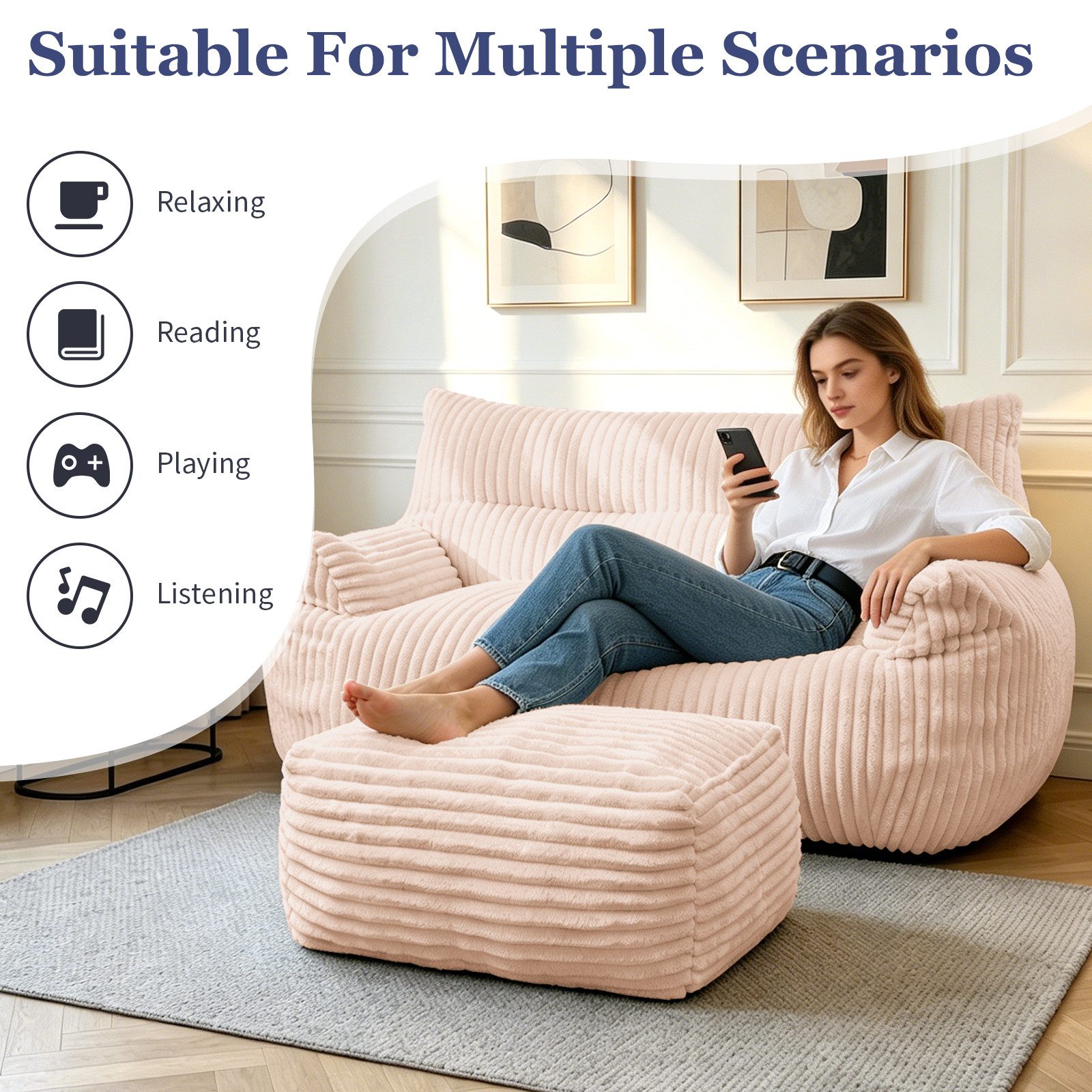 Odikalo 2-Sitzer Sofas wohnzimmer Loungesofa Relaxsessel Sitzsack mit Schlaffunktion, Doppel-Sitzsack mit Hocker–Große Sitzsack-Lounger für Erwachsene Jugendlic – Bild 4 von 5