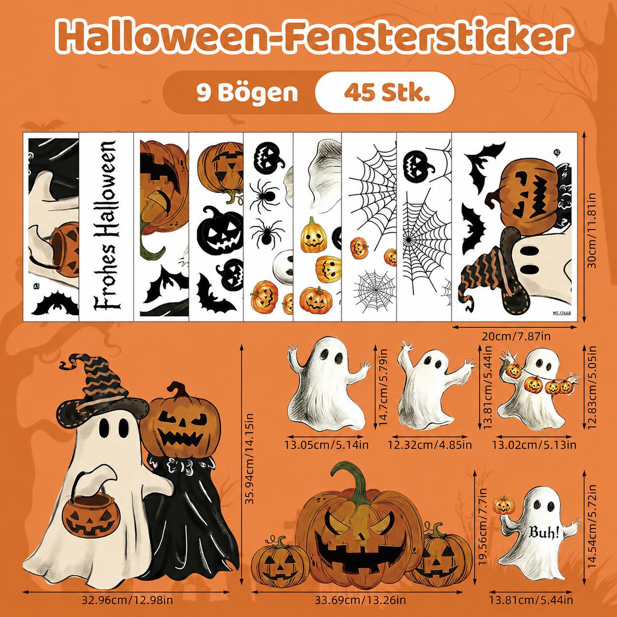 Sorvyzxn Fenstersticker Halloween Fenstersticker, 9 Bögen mit Geistern, Kürbis & Fledermaus, Beidseitig & Rückstandsfrei Entfernbare Fensterdeko, Wiederverwendb – Bild 2 von 5