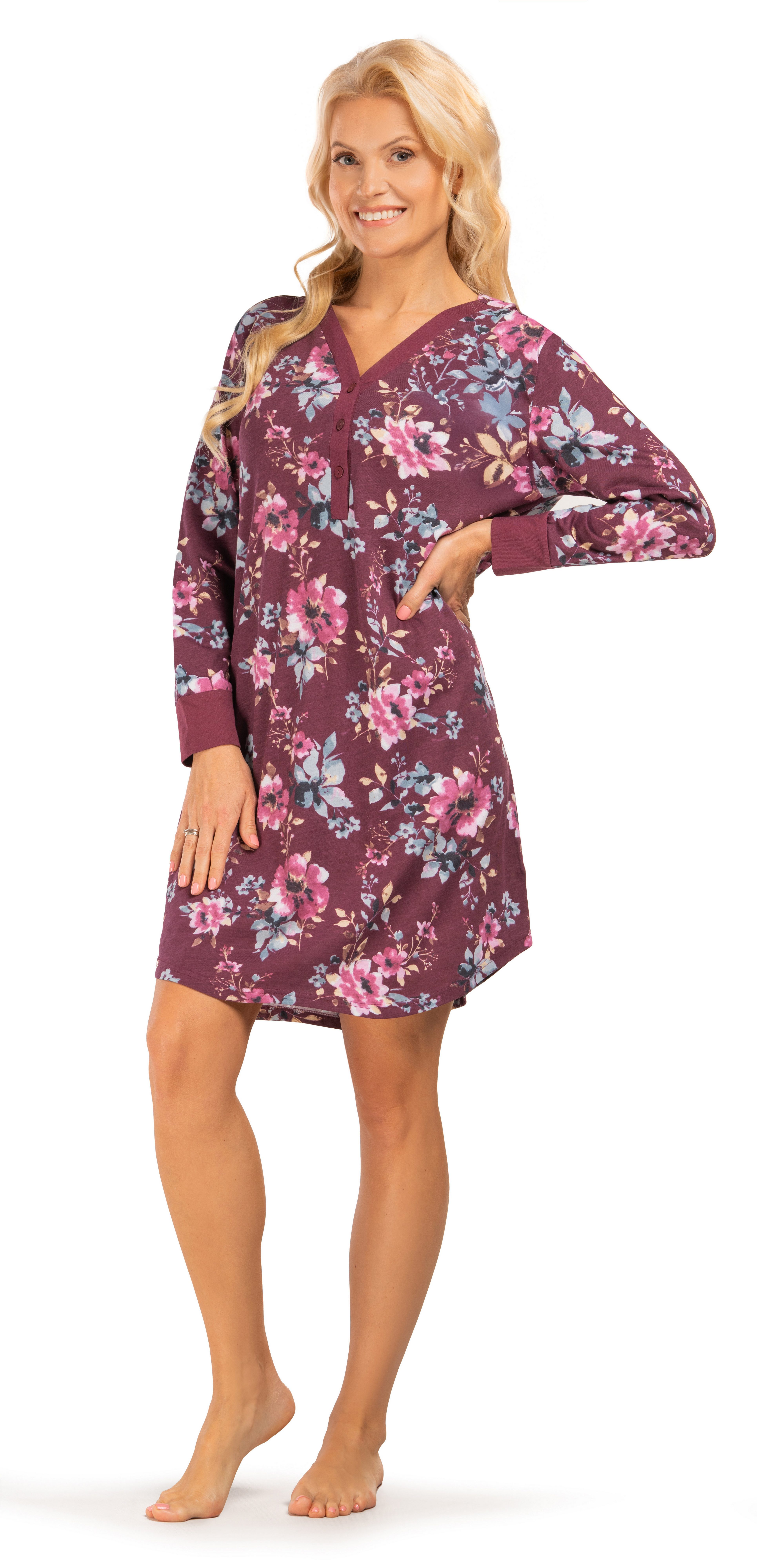 Consult-Tex Nachthemd Damen Langarm Nachthemd mit Knopfleiste aus Baumwolle DW353 Bequem zu tragen