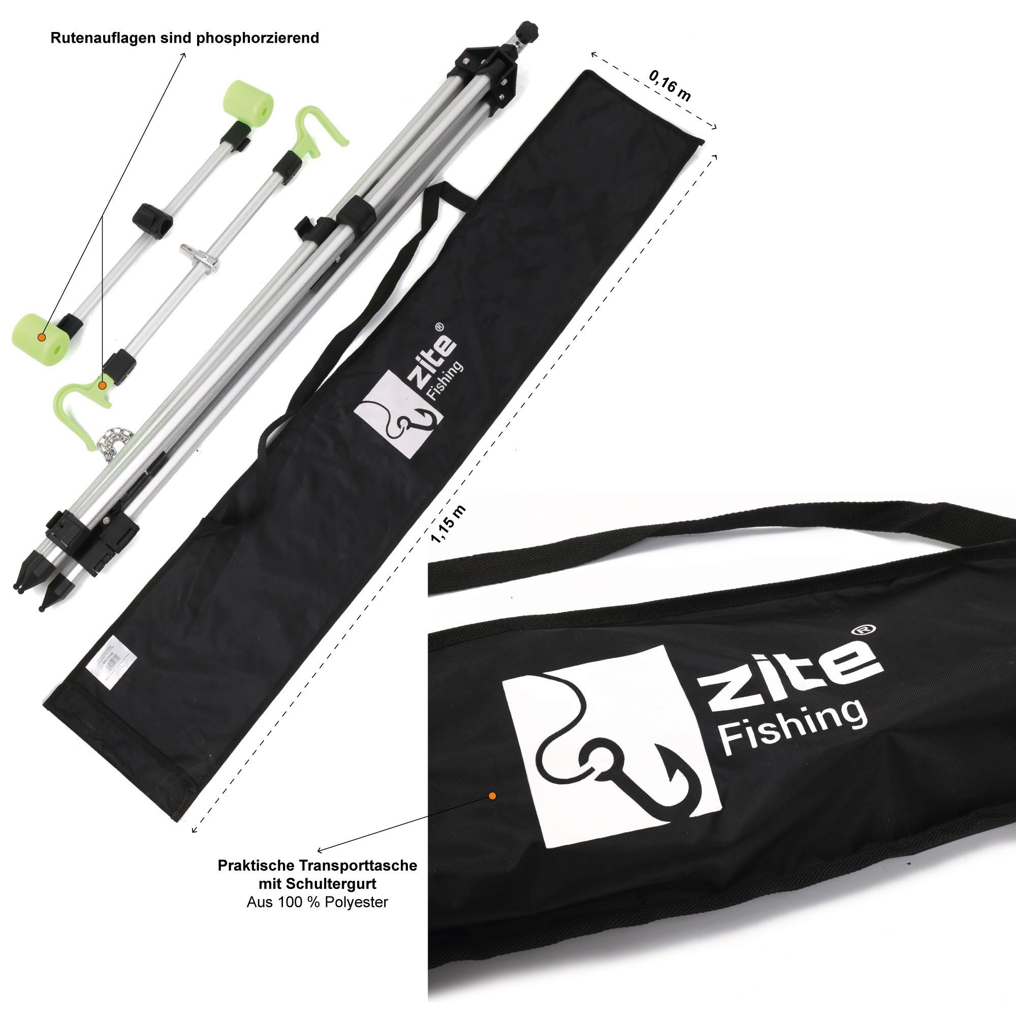 Zite Rutenhalter Brandungsdreibein Teleskopisch Aluminium Tripod mit Tasche für 2 Ruten
