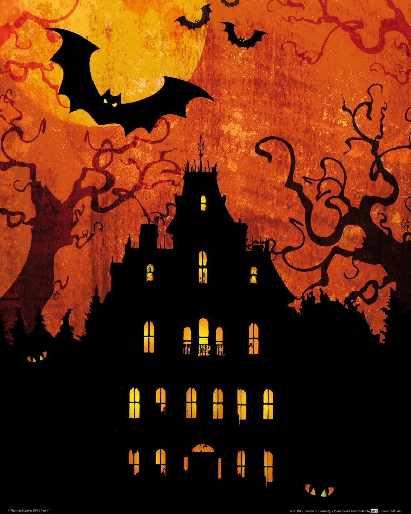 Poster Halloween Kunstdruck Bild - Geisterhaus Bei Blutmond (50 x 40 cm)